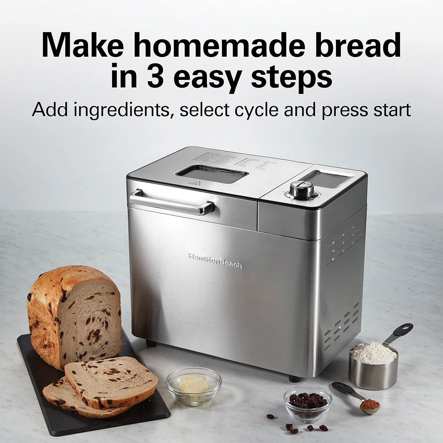 imageHamilton Beach 29890 Premium Dough amp Bread Maker Machine with Auto Fruit and Nut Dispenser 2 lb Loaf Capacity 21 Programmable Settings Includes Gluten FreeKeto Stainless SteelStainless Steel