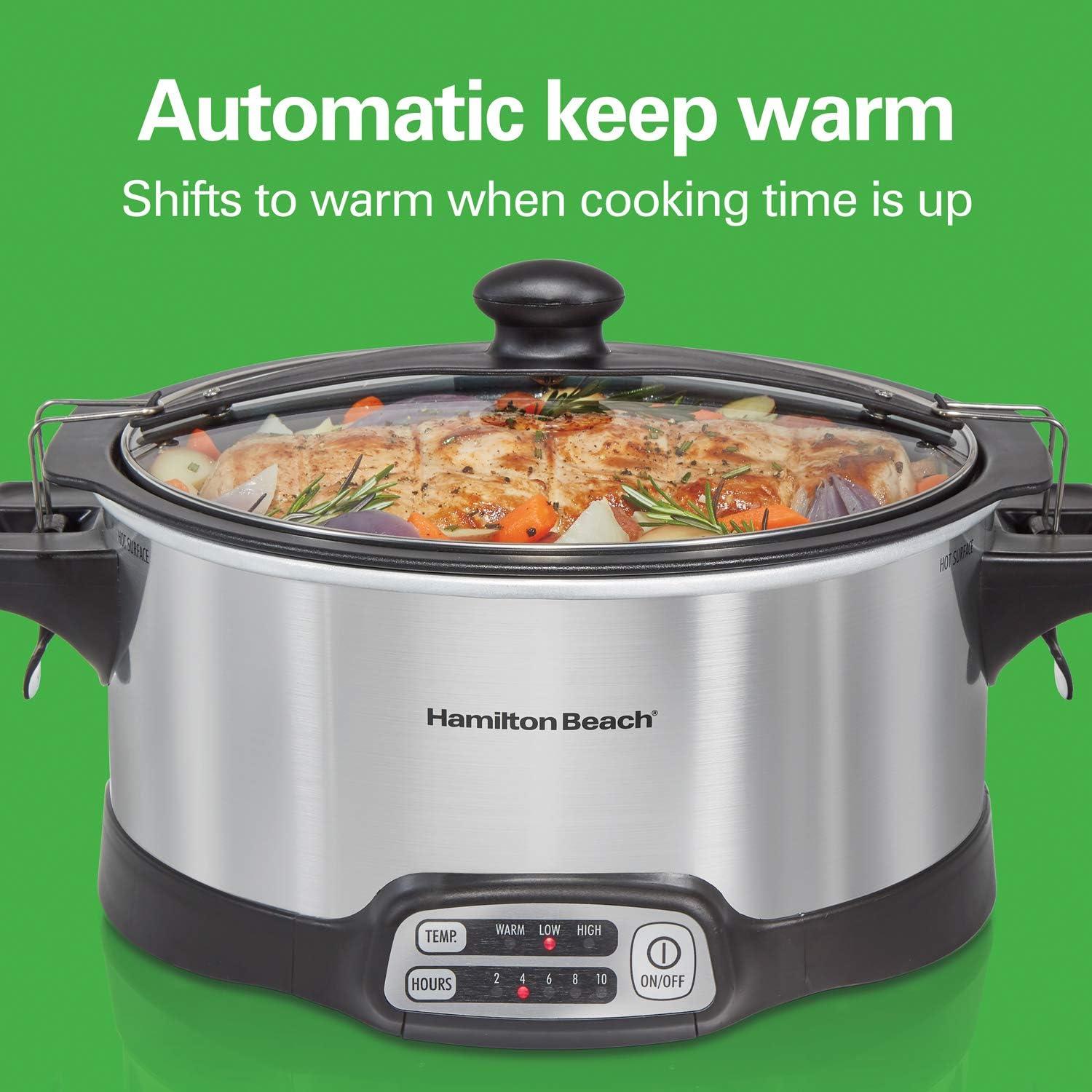 imageHamilton Beach 33662 Programmable Slow Cooker with 6 Quart StovetopSafe Sear amp Cook Crock SilverStovetopSafe Sear Cook Crock Travel Lid Lock for Portable Transport