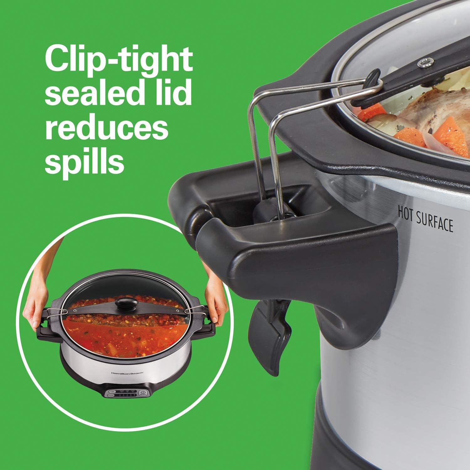 imageHamilton Beach 33662 Programmable Slow Cooker with 6 Quart StovetopSafe Sear amp Cook Crock SilverStovetopSafe Sear Cook Crock Travel Lid Lock for Portable Transport