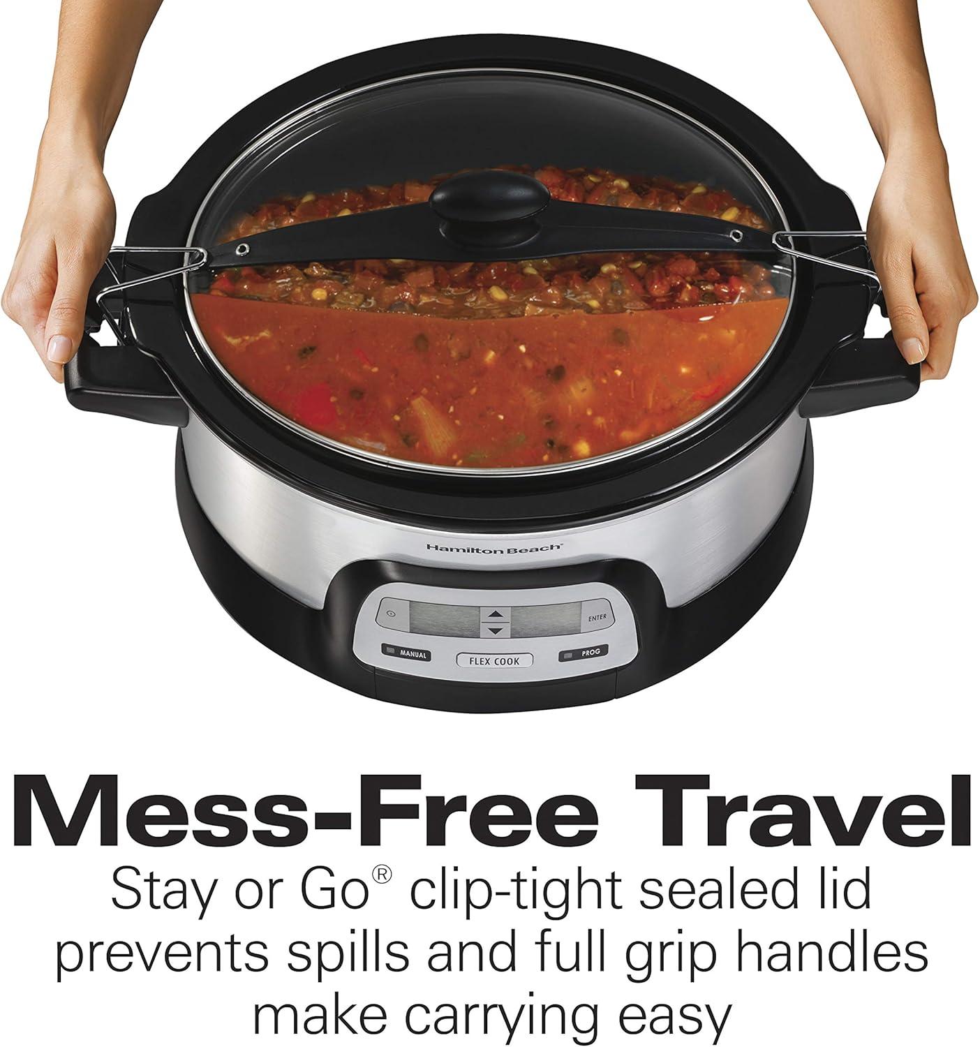 imageHamilton Beach 33861 Portable Programmable Slow Cooker Dishwasher Safe Crock 6 Qt FlexCook Dual Digital Timer2 Heat Settings Lid Lock for Easy Travel Silver