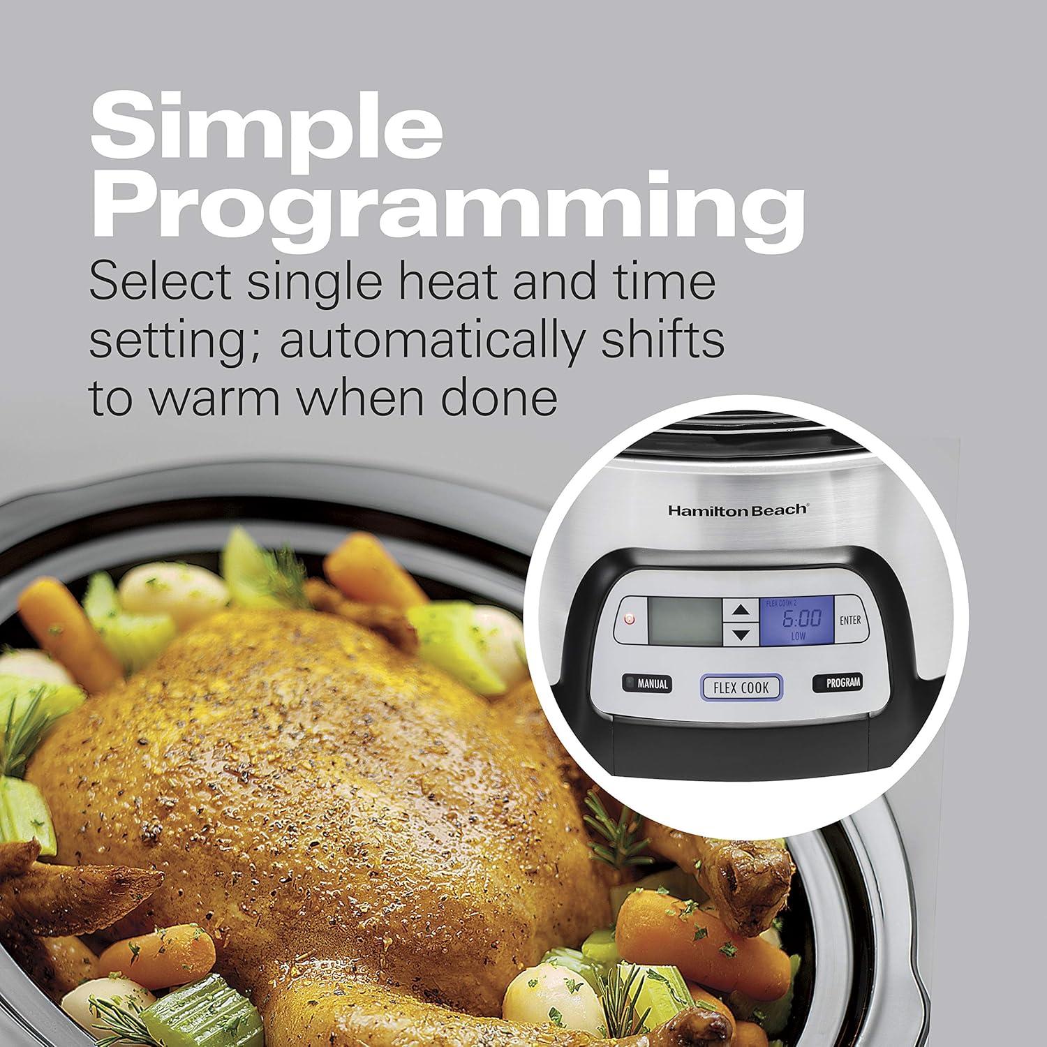 imageHamilton Beach 33861 Portable Programmable Slow Cooker Dishwasher Safe Crock 6 Qt FlexCook Dual Digital Timer2 Heat Settings Lid Lock for Easy Travel Silver