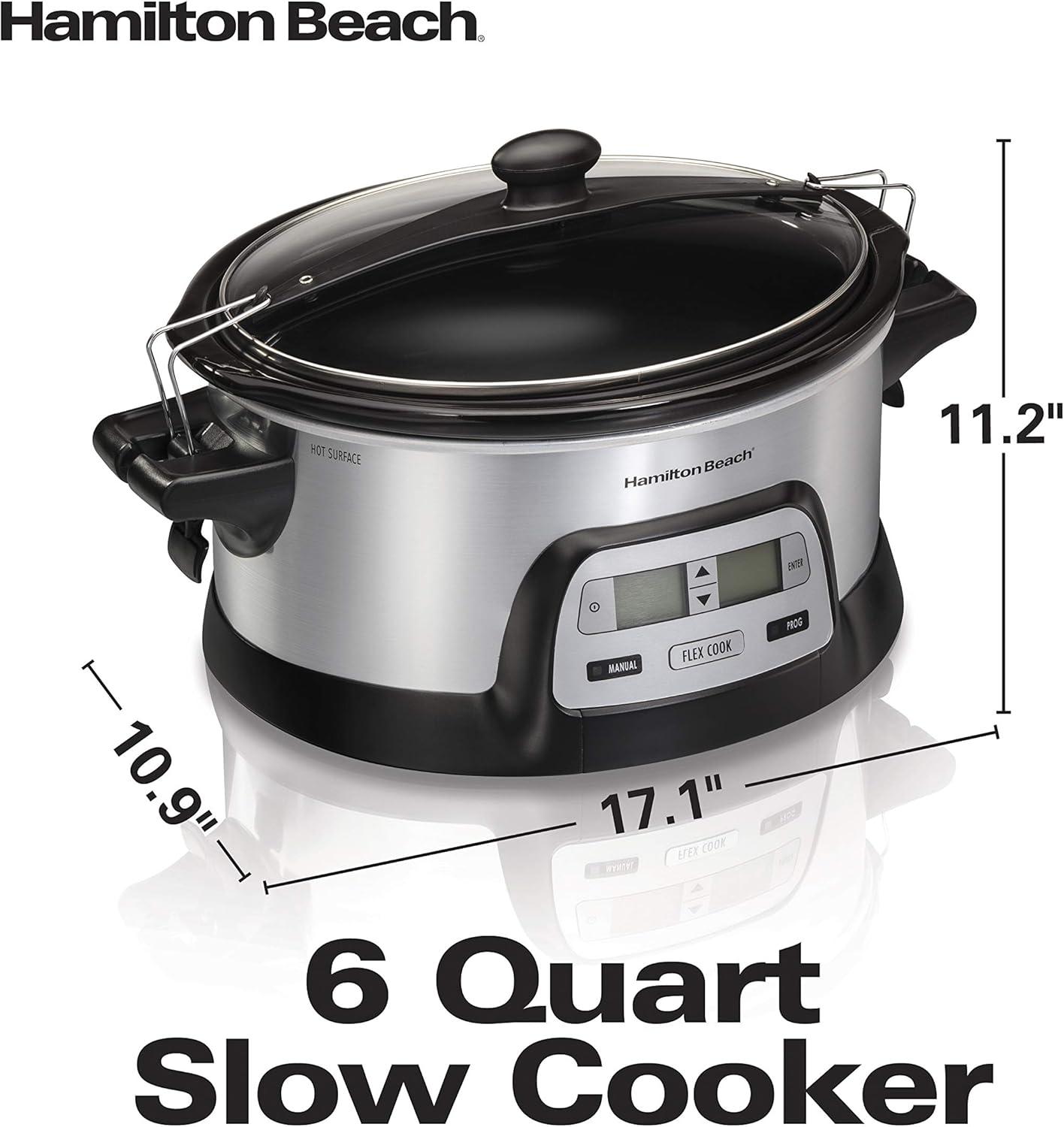 imageHamilton Beach 33861 Portable Programmable Slow Cooker Dishwasher Safe Crock 6 Qt FlexCook Dual Digital Timer2 Heat Settings Lid Lock for Easy Travel Silver
