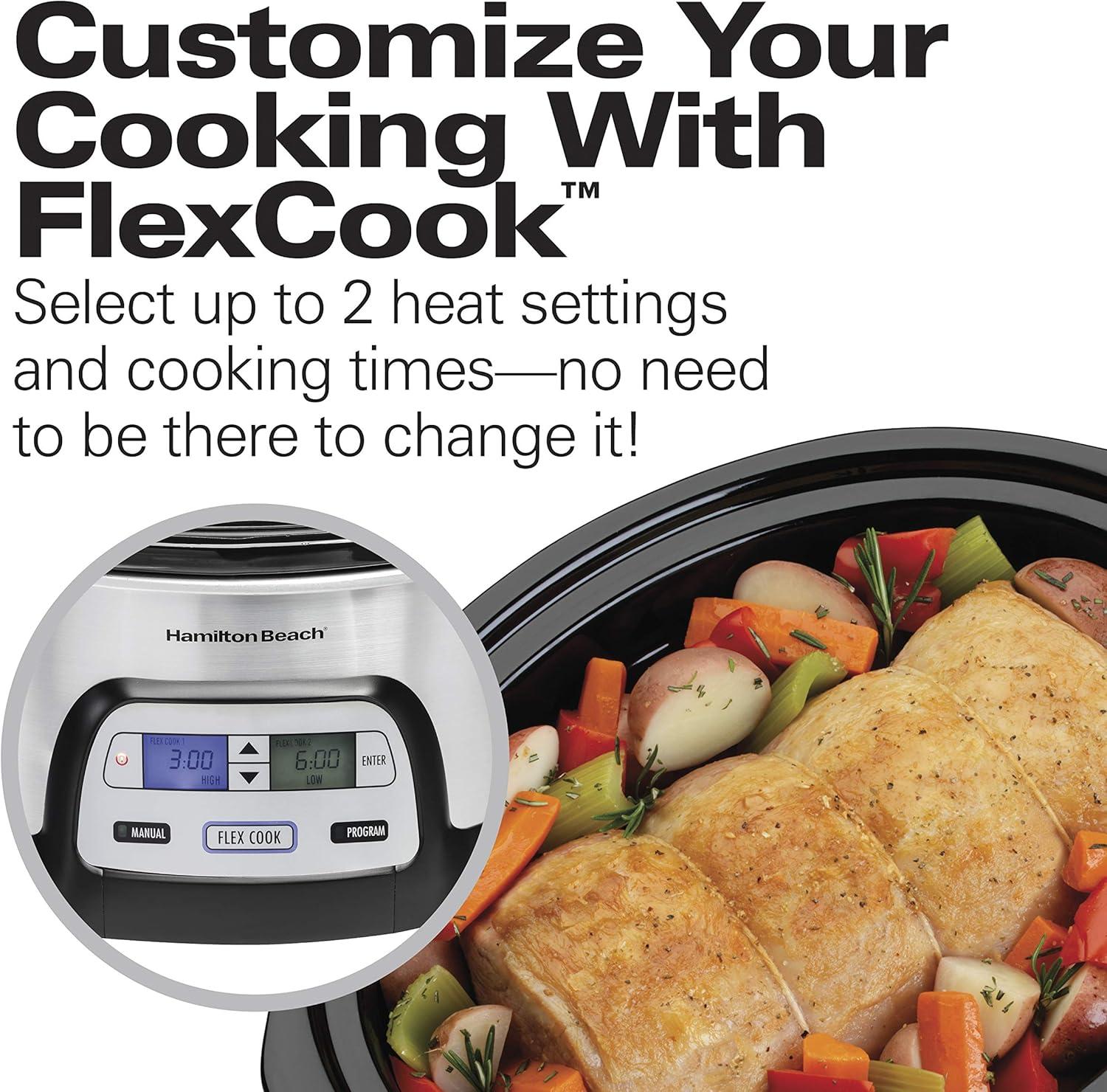 imageHamilton Beach 33861 Portable Programmable Slow Cooker Dishwasher Safe Crock 6 Qt FlexCook Dual Digital Timer2 Heat Settings Lid Lock for Easy Travel Silver