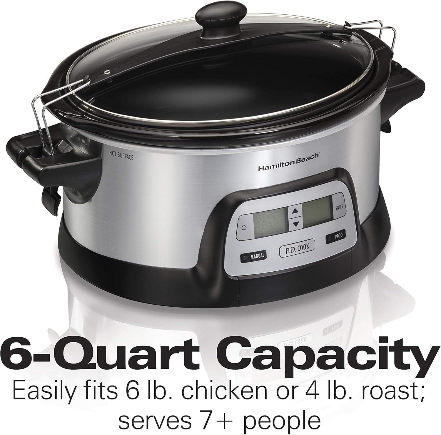 imageHamilton Beach 33861 Portable Programmable Slow Cooker Dishwasher Safe Crock 6 Qt FlexCook Dual Digital Timer2 Heat Settings Lid Lock for Easy Travel Silver