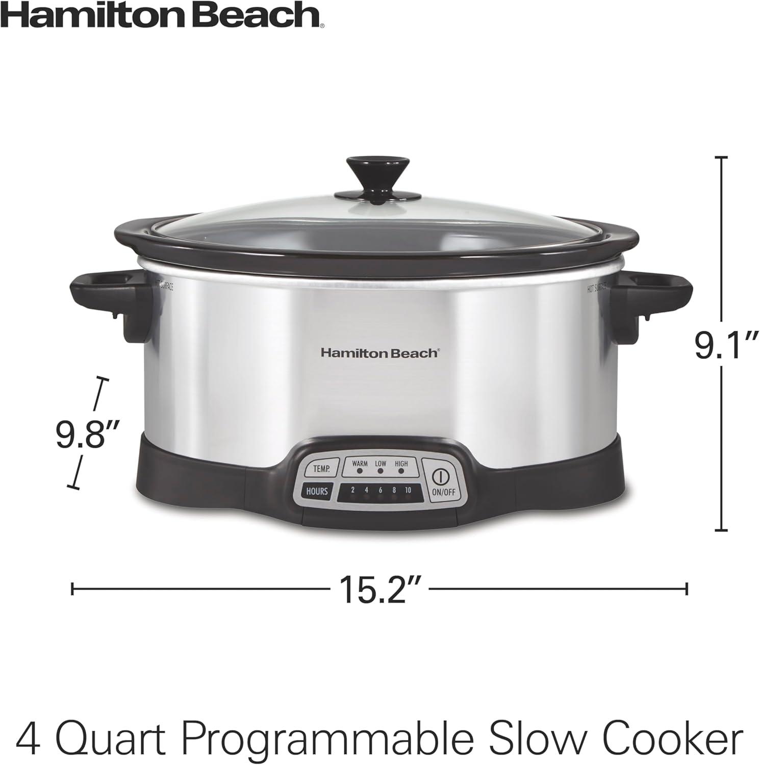 imageHamilton Beach 4 Quart Programmable Slow Cooker with Flexible Easy Programming 5 Cooking Times DishwasherSafe Crock amp Lid Silver 334434 Quarts