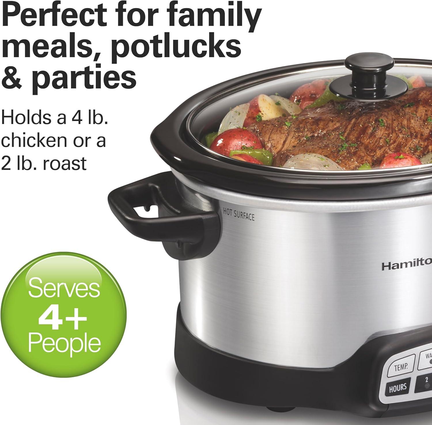 imageHamilton Beach 4 Quart Programmable Slow Cooker with Flexible Easy Programming 5 Cooking Times DishwasherSafe Crock amp Lid Silver 334434 Quarts