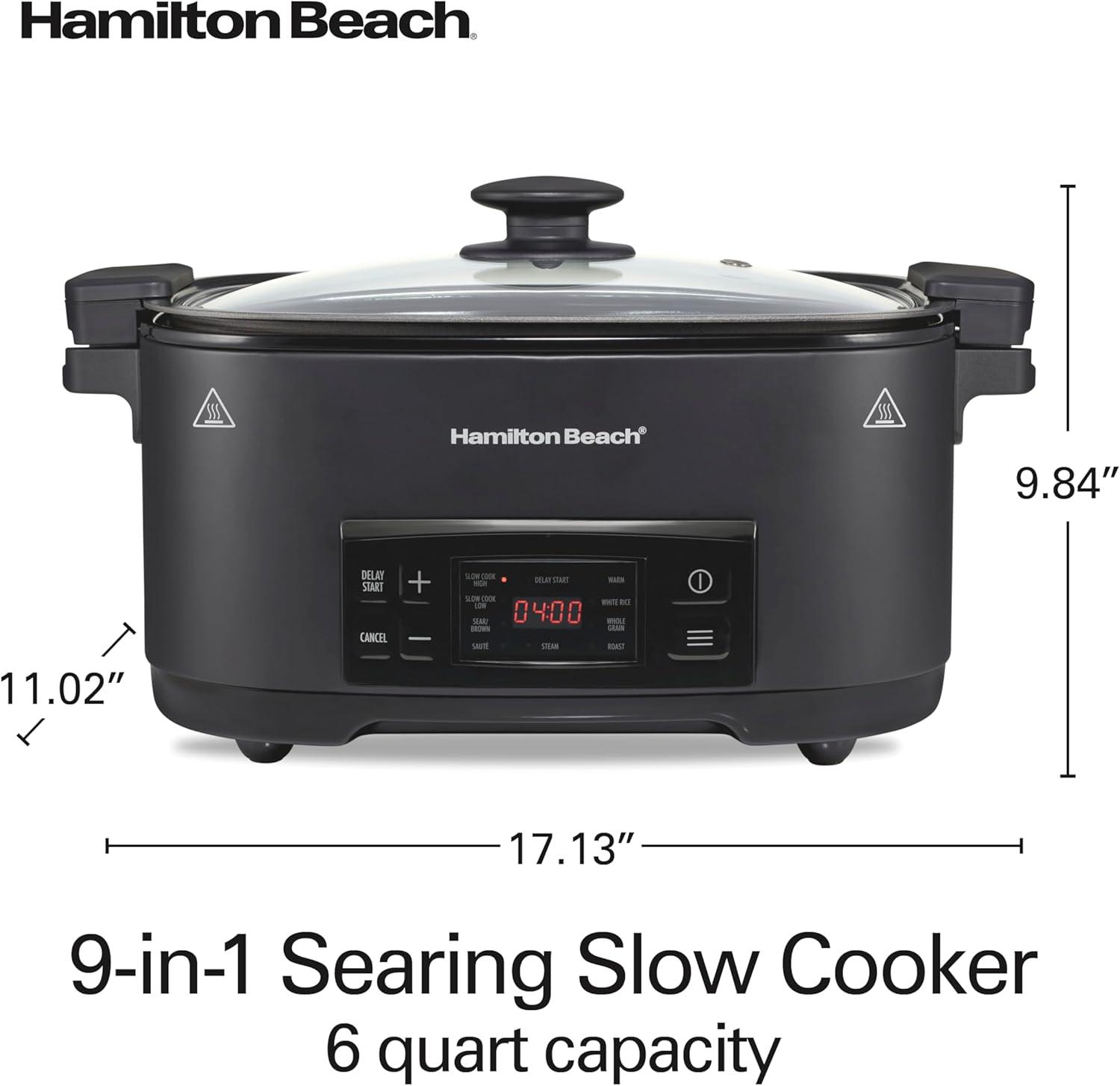 imageHamilton Beach 6 Quart 9in1 Programmable Slow Cooker with Sear Browning Rice Steam Saut Roast Delay Start amp Keep Warm Functions Nonstick PFASFree Dishwasher Safe Crock Black 33604