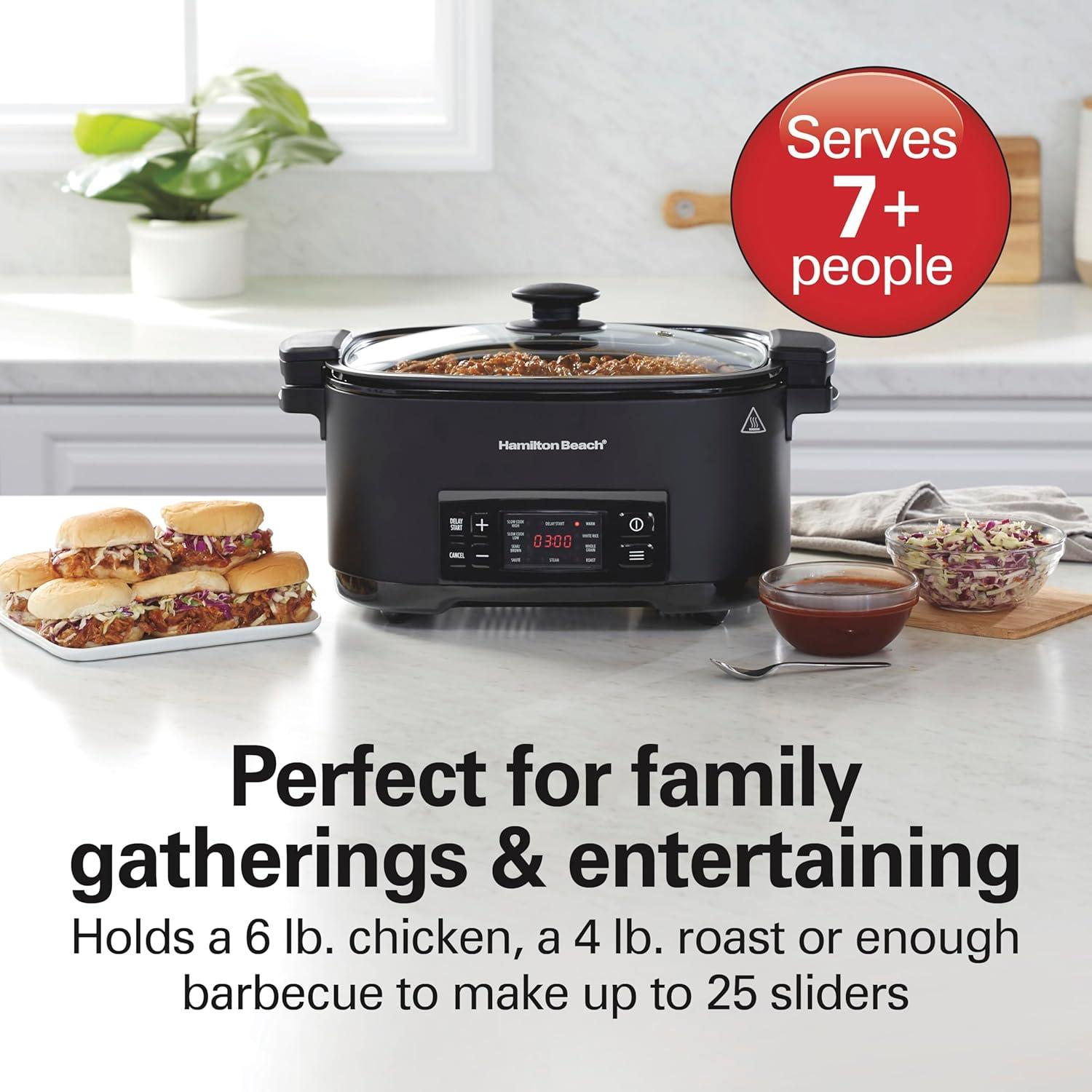 imageHamilton Beach 6 Quart 9in1 Programmable Slow Cooker with Sear Browning Rice Steam Saut Roast Delay Start amp Keep Warm Functions Nonstick PFASFree Dishwasher Safe Crock Black 33604