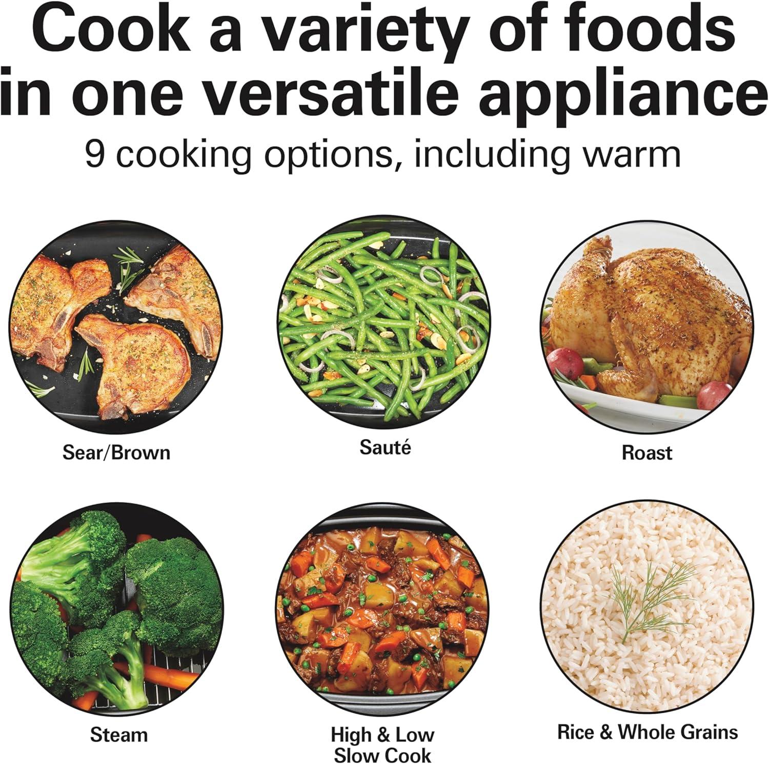 imageHamilton Beach 6 Quart 9in1 Programmable Slow Cooker with Sear Browning Rice Steam Saut Roast Delay Start amp Keep Warm Functions Nonstick PFASFree Dishwasher Safe Crock Black 33604
