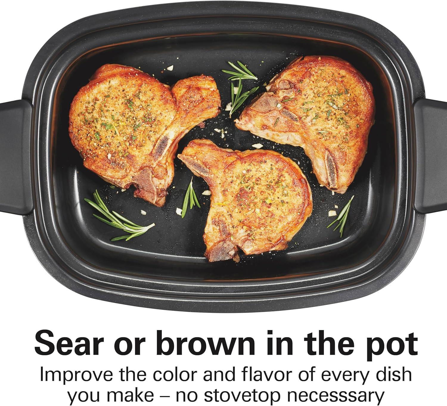 imageHamilton Beach 6 Quart 9in1 Programmable Slow Cooker with Sear Browning Rice Steam Saut Roast Delay Start amp Keep Warm Functions Nonstick PFASFree Dishwasher Safe Crock Black 33604