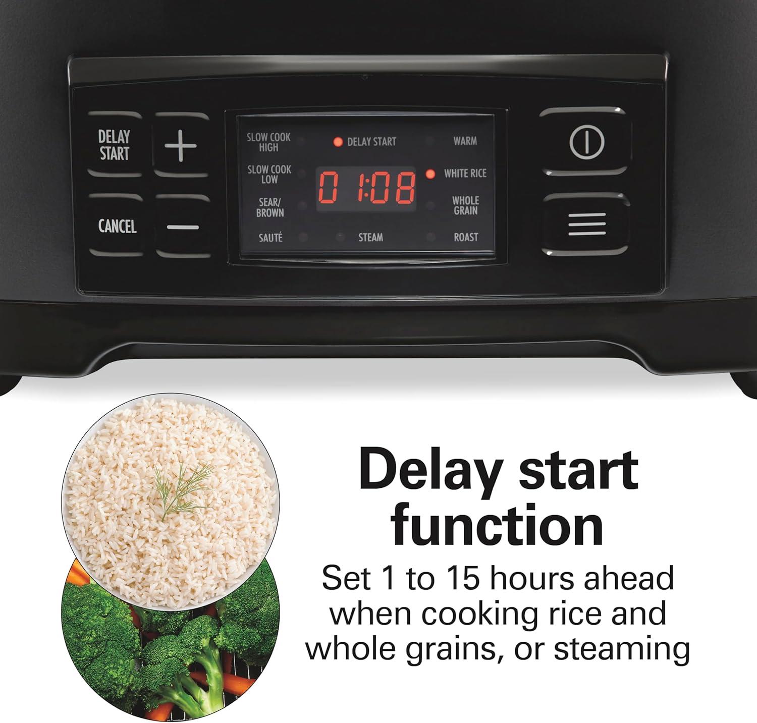 imageHamilton Beach 6 Quart 9in1 Programmable Slow Cooker with Sear Browning Rice Steam Saut Roast Delay Start amp Keep Warm Functions Nonstick PFASFree Dishwasher Safe Crock Black 33604