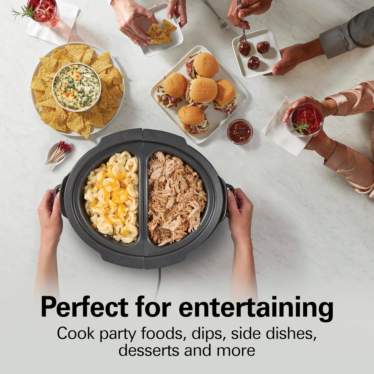imageHamilton Beach 6 Quart Slow Cooker with SpaceSaving Folding Handles 3 Heat Settings Dishwasher Safe Stoneware Crock and Glass Lid Black 33664Black Double Dish