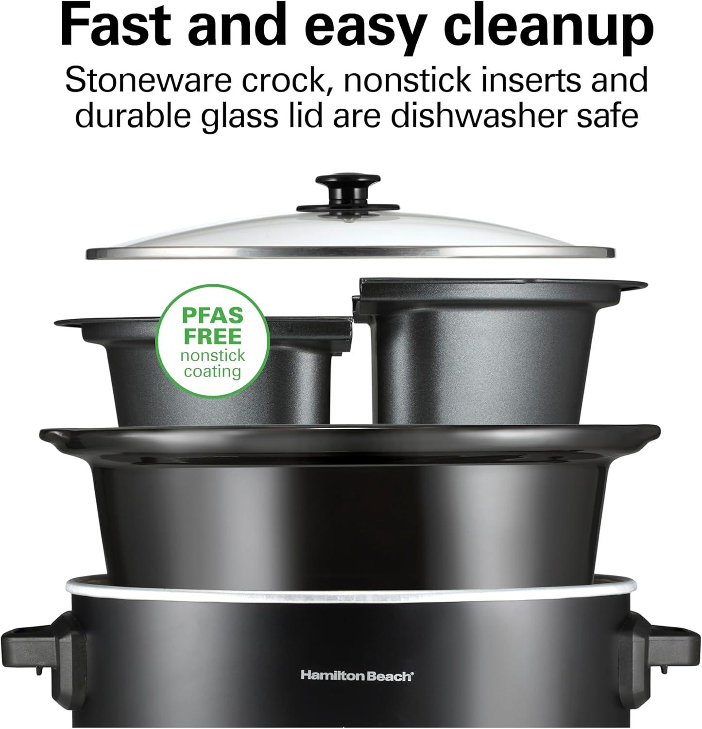 imageHamilton Beach 6 Quart Slow Cooker with SpaceSaving Folding Handles 3 Heat Settings Dishwasher Safe Stoneware Crock and Glass Lid Black 33664Black Double Dish