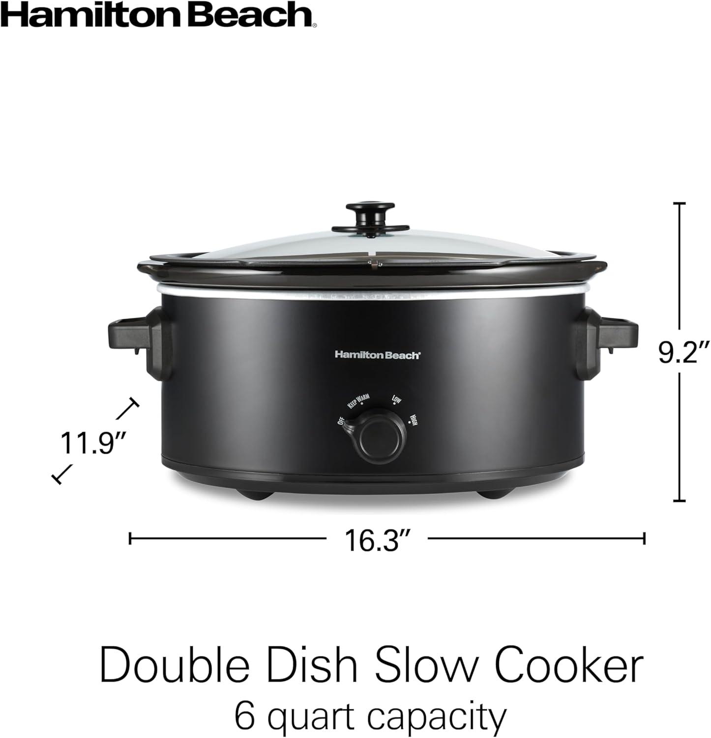 imageHamilton Beach 6 Quart Slow Cooker with SpaceSaving Folding Handles 3 Heat Settings Dishwasher Safe Stoneware Crock and Glass Lid Black 33664Black Double Dish