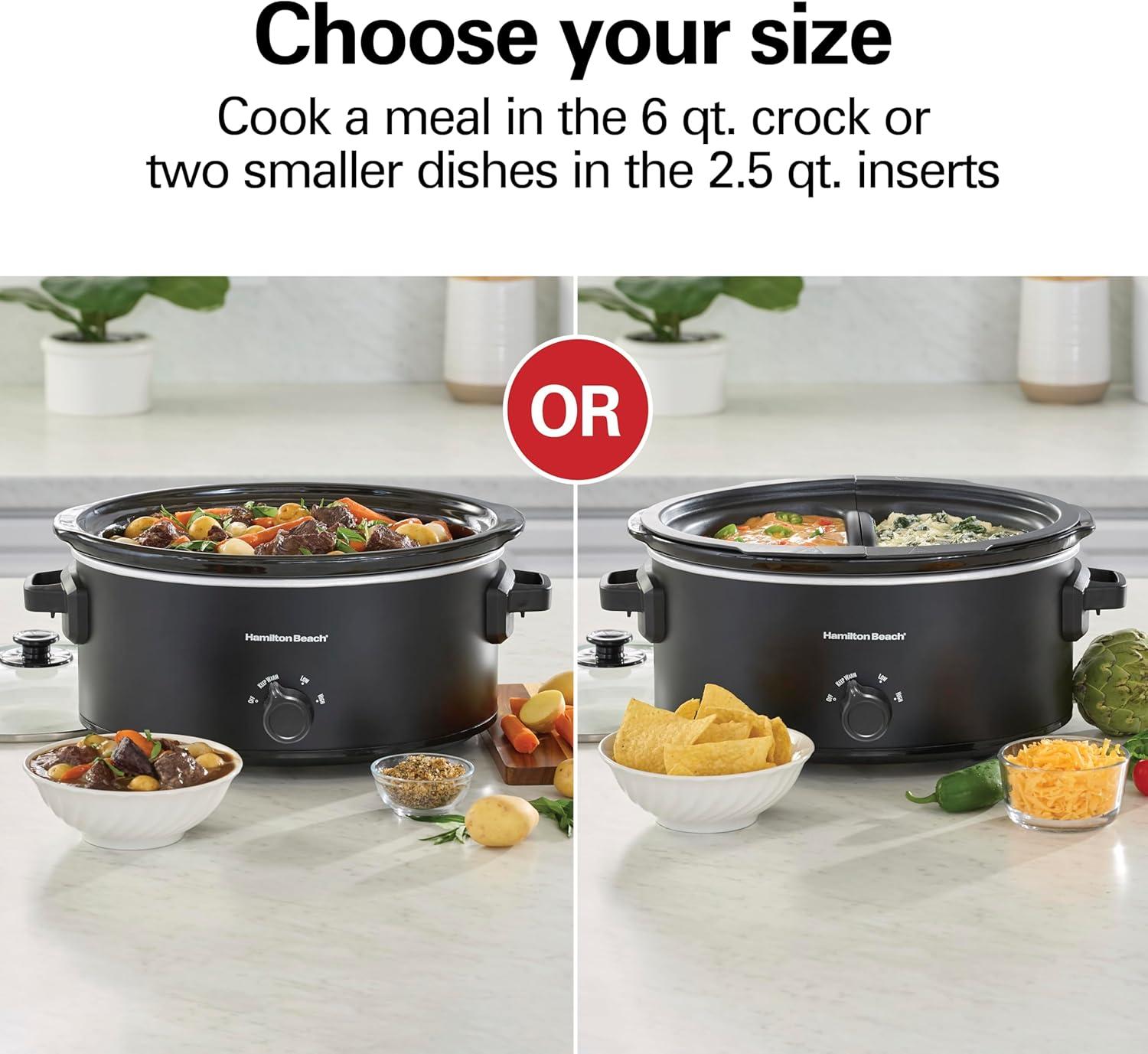 imageHamilton Beach 6 Quart Slow Cooker with SpaceSaving Folding Handles 3 Heat Settings Dishwasher Safe Stoneware Crock and Glass Lid Black 33664Black Double Dish