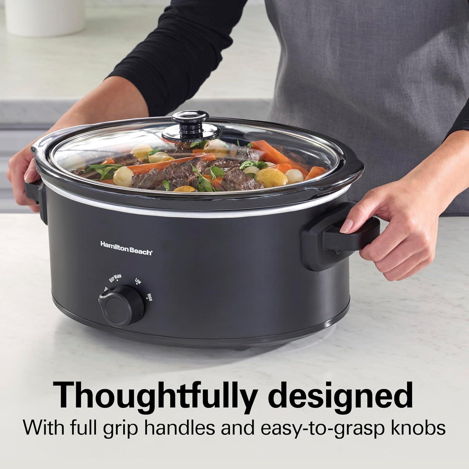 imageHamilton Beach 6 Quart Slow Cooker with SpaceSaving Folding Handles 3 Heat Settings Dishwasher Safe Stoneware Crock and Glass Lid Black 33664Black Double Dish