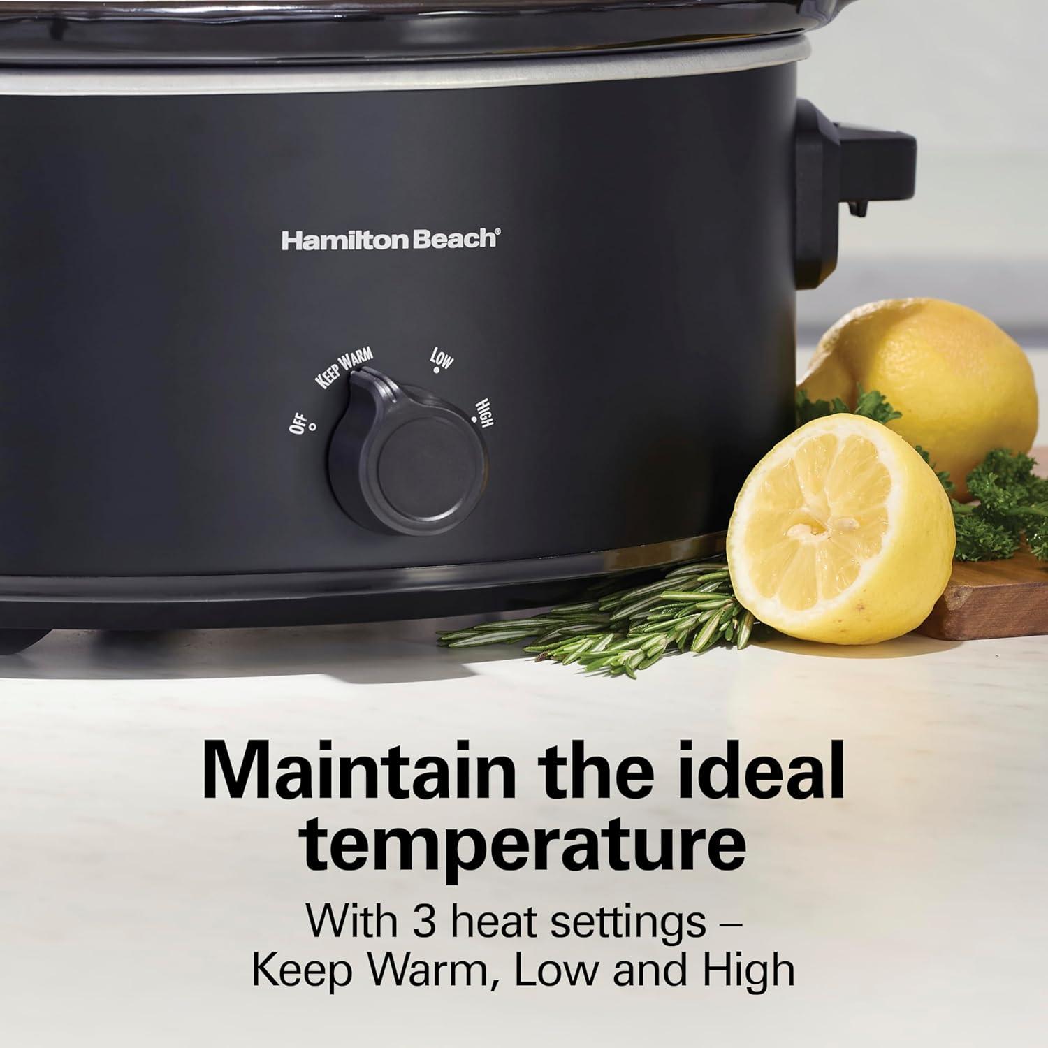 imageHamilton Beach 6 Quart Slow Cooker with SpaceSaving Folding Handles 3 Heat Settings Dishwasher Safe Stoneware Crock and Glass Lid Black 33664Black Double Dish