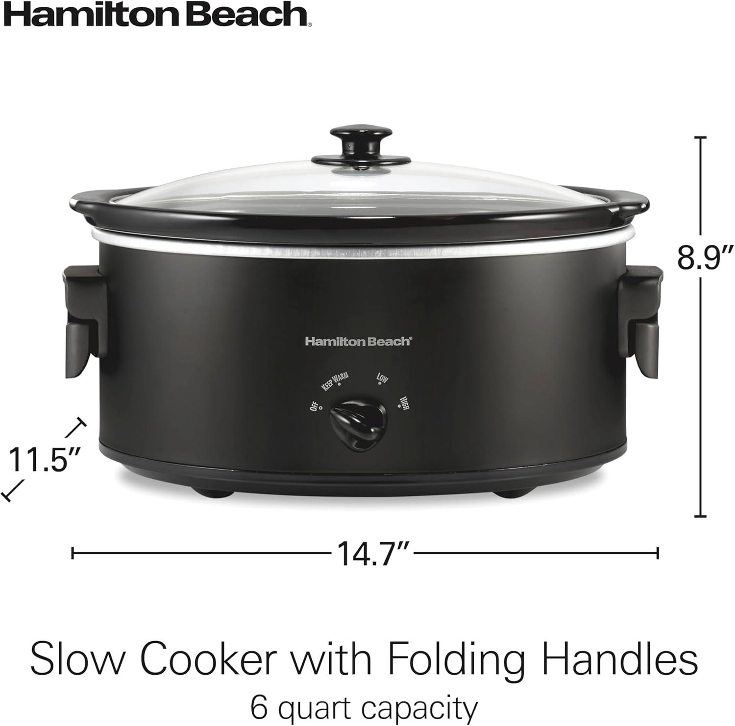 imageHamilton Beach 6 Quart Slow Cooker with SpaceSaving Folding Handles 3 Heat Settings Dishwasher Safe Stoneware Crock and Glass Lid Black 33664Black Space Saving Folding Handles