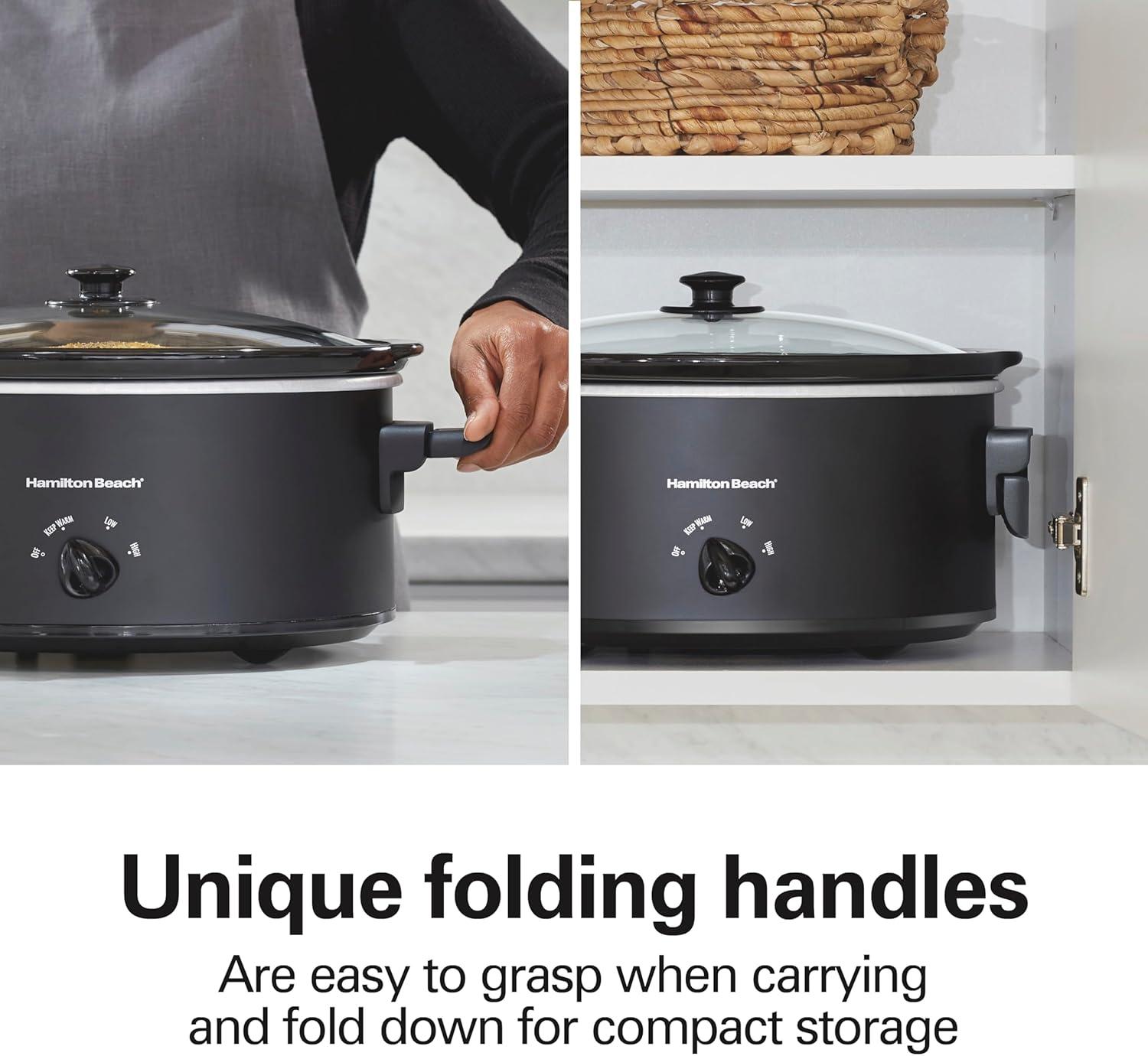 imageHamilton Beach 6 Quart Slow Cooker with SpaceSaving Folding Handles 3 Heat Settings Dishwasher Safe Stoneware Crock and Glass Lid Black 33664Black Space Saving Folding Handles