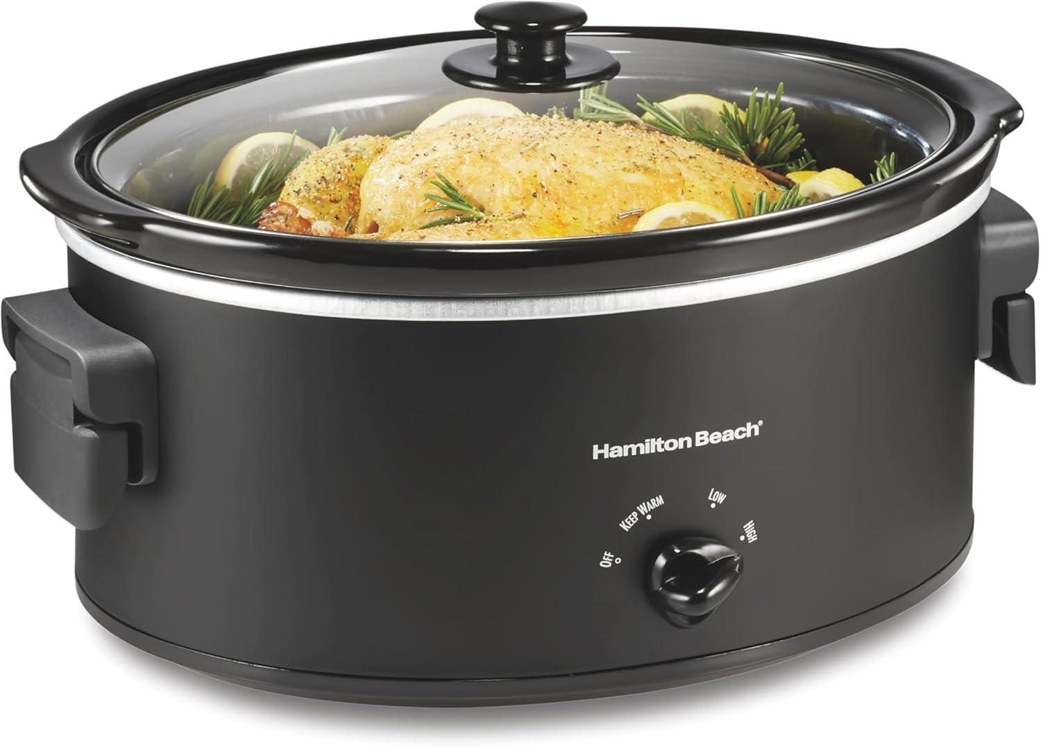 imageHamilton Beach 6 Quart Slow Cooker with SpaceSaving Folding Handles 3 Heat Settings Dishwasher Safe Stoneware Crock and Glass Lid Black 33664Black Space Saving Folding Handles