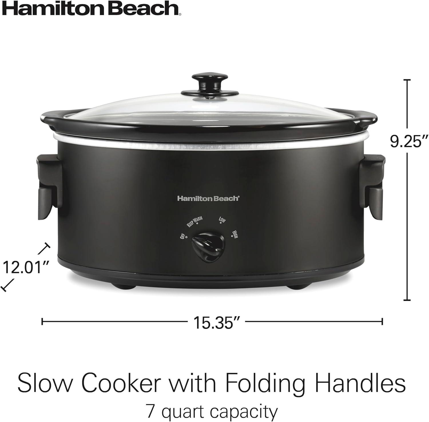 imageHamilton Beach 6 Quart Slow Cooker with SpaceSaving Folding Handles 3 Heat Settings Dishwasher Safe Stoneware Crock and Glass Lid Black 33664Black Space Saving Folding Handles