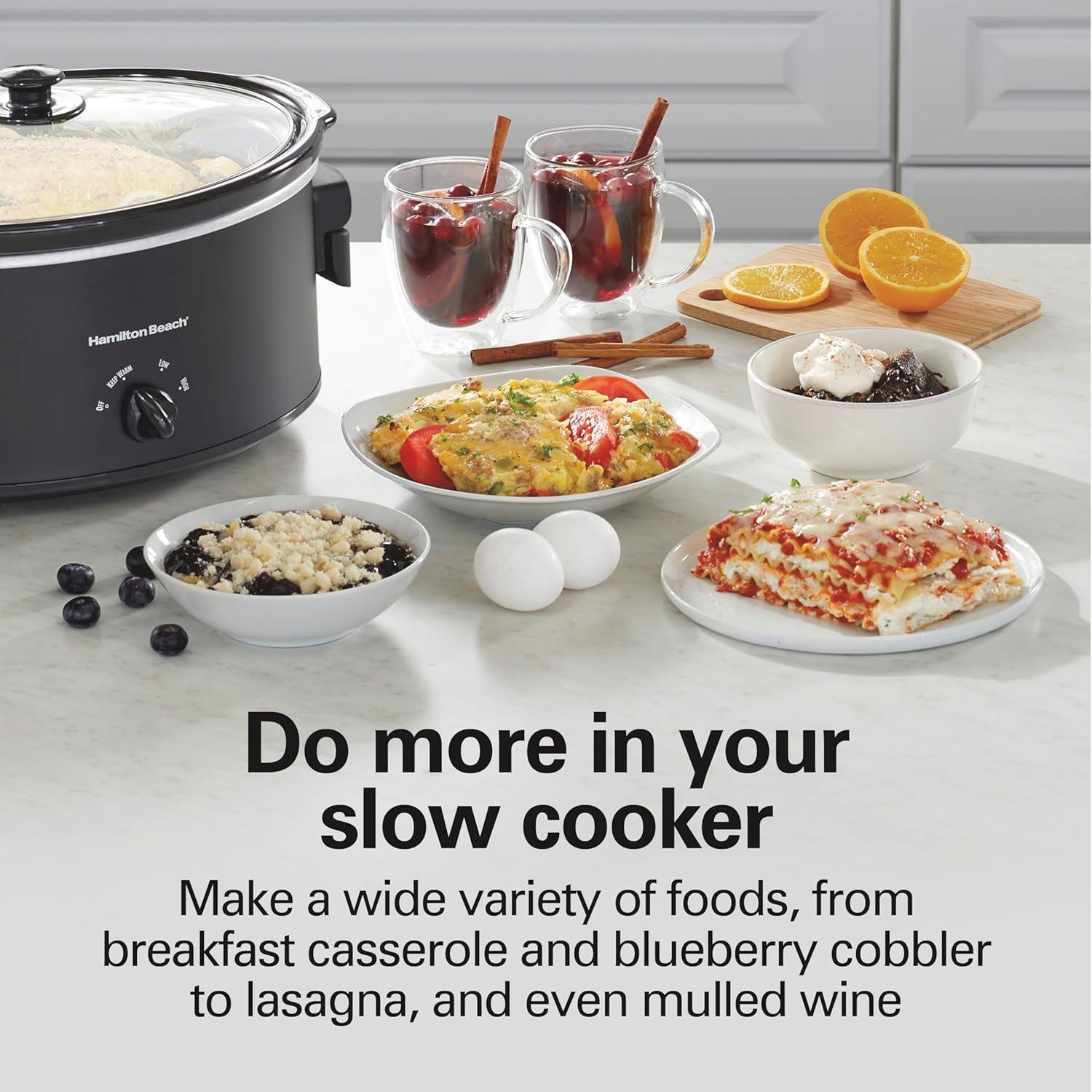 imageHamilton Beach 6 Quart Slow Cooker with SpaceSaving Folding Handles 3 Heat Settings Dishwasher Safe Stoneware Crock and Glass Lid Black 33664Black Space Saving Folding Handles