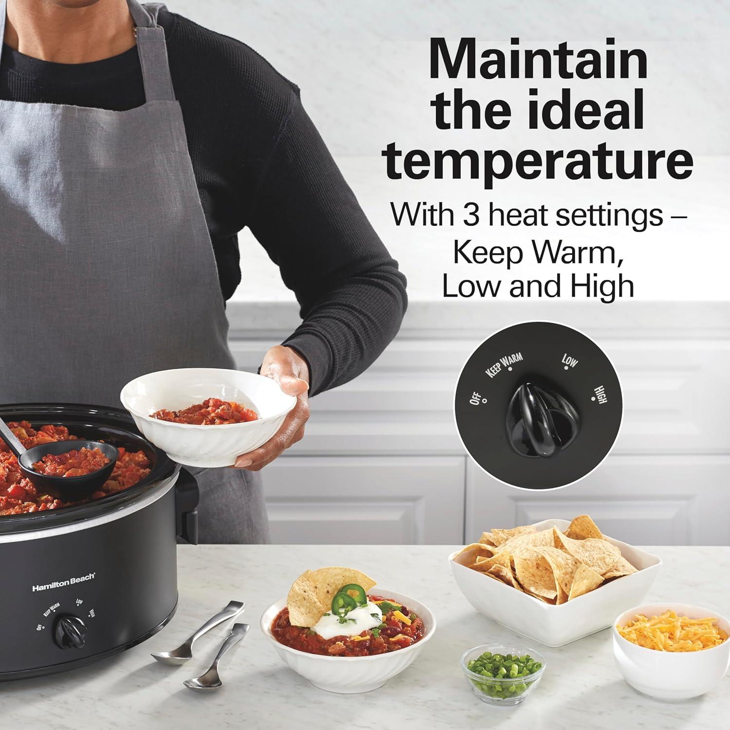 imageHamilton Beach 6 Quart Slow Cooker with SpaceSaving Folding Handles 3 Heat Settings Dishwasher Safe Stoneware Crock and Glass Lid Black 33664Black Space Saving Folding Handles