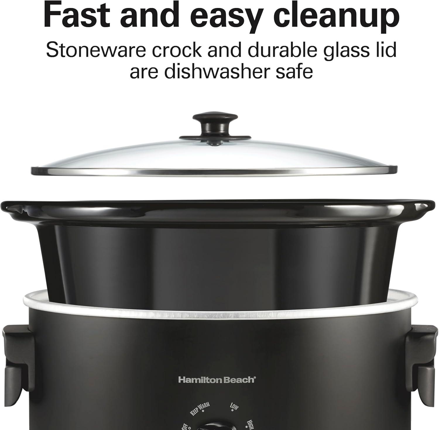 imageHamilton Beach 6 Quart Slow Cooker with SpaceSaving Folding Handles 3 Heat Settings Dishwasher Safe Stoneware Crock and Glass Lid Black 33664Black Space Saving Folding Handles