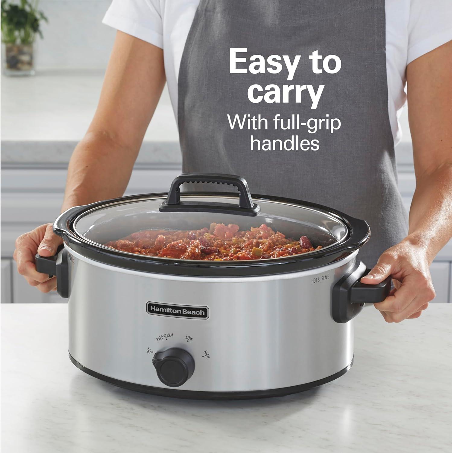 imageHamilton Beach 6Quart Slow Cooker with 3 Cooking Settings DishwasherSafe Stoneware Crock amp Glass Lid Silver 33665GSilver