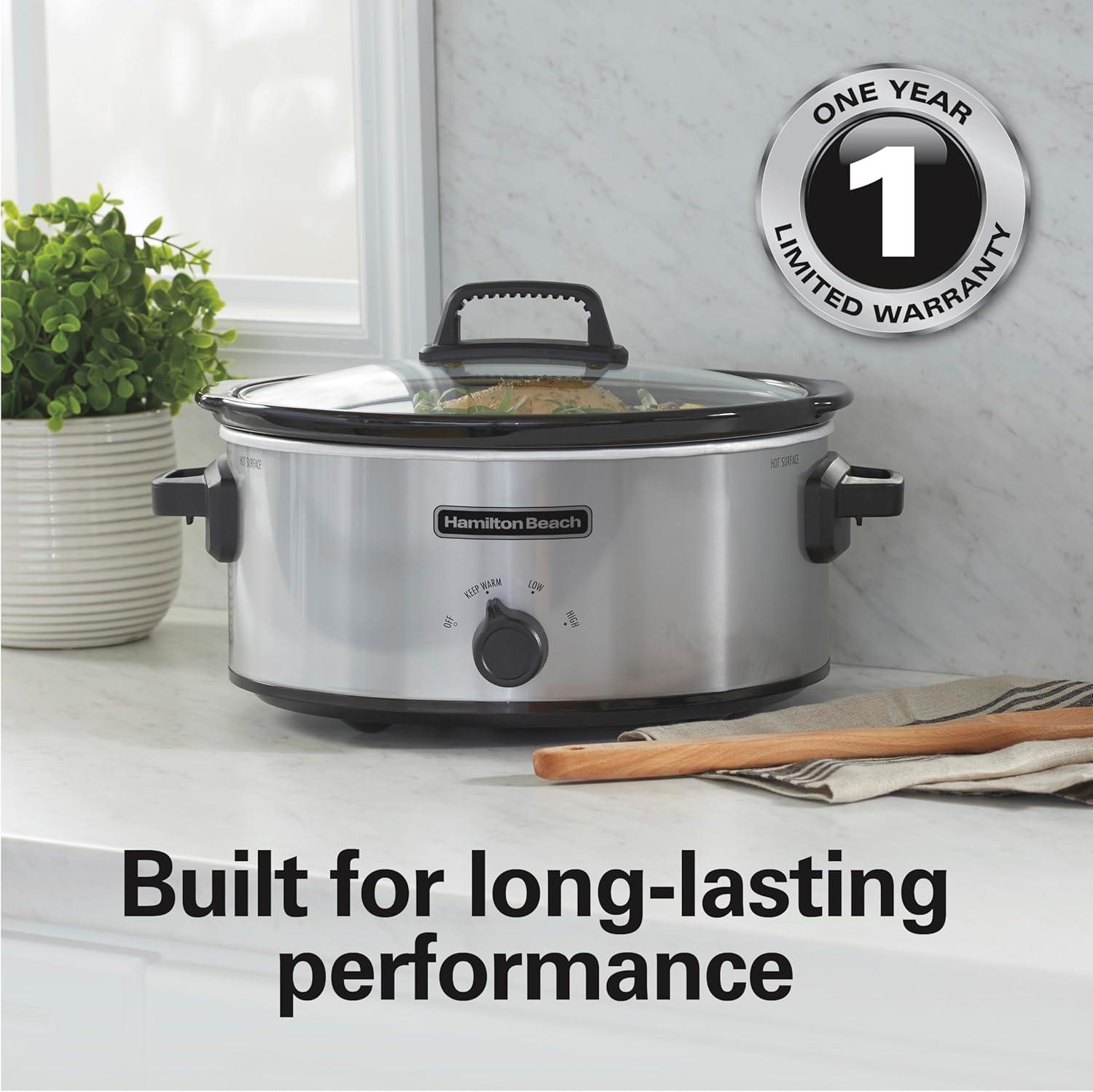 imageHamilton Beach 6Quart Slow Cooker with 3 Cooking Settings DishwasherSafe Stoneware Crock amp Glass Lid Silver 33665GSilver