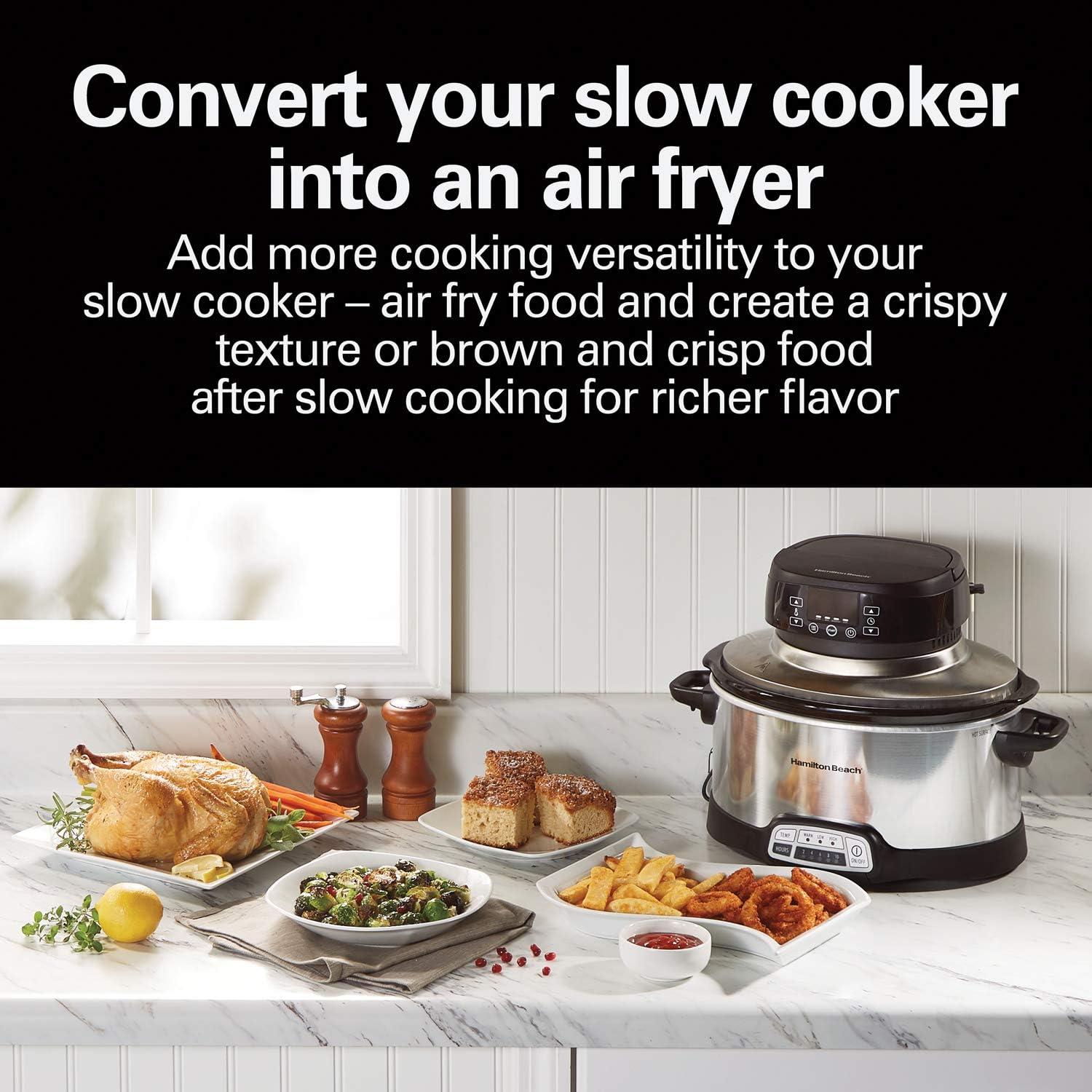 imageHamilton Beach Air Fryer Lid Fits 6 Quart Oval Slow Cooker Crock With Fry Basket and Tray Works with Multiple Brands 33602