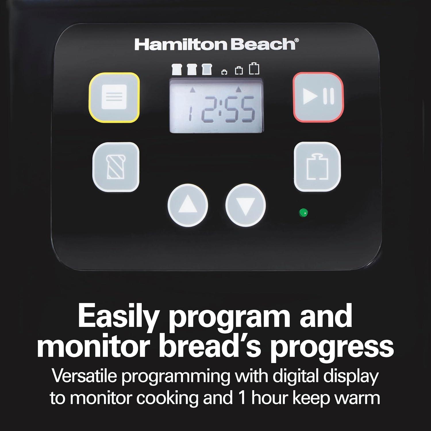 imageHamilton Beach Automatic Bread Maker Machine Digital Programmable 12 Settings Gluten Free PFASFree Nonstick Pan Kneading Paddle 2 lb Capacity Black