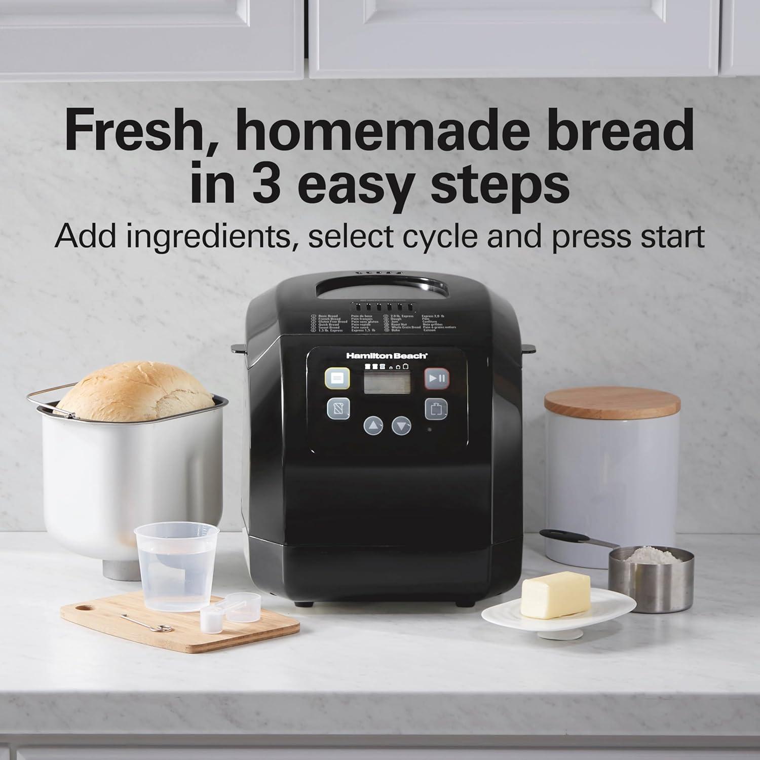 imageHamilton Beach Automatic Bread Maker Machine Digital Programmable 12 Settings Gluten Free PFASFree Nonstick Pan Kneading Paddle 2 lb Capacity Black