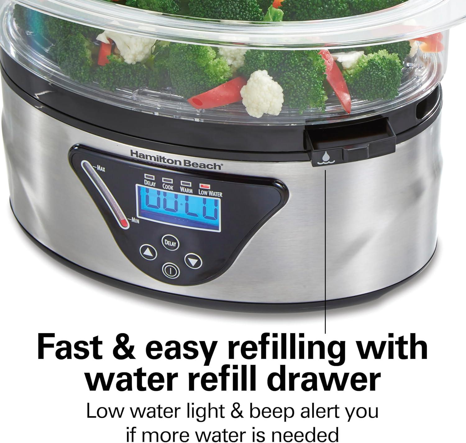 imageHamilton Beach Digital Electric Food Steamer amp Rice Cooker for Quick Healthy Cooking for Vegetables and Seafood Stackable TwoTier Bowls 55 Quart Black amp Stainless SteelBlack Stainless Steel