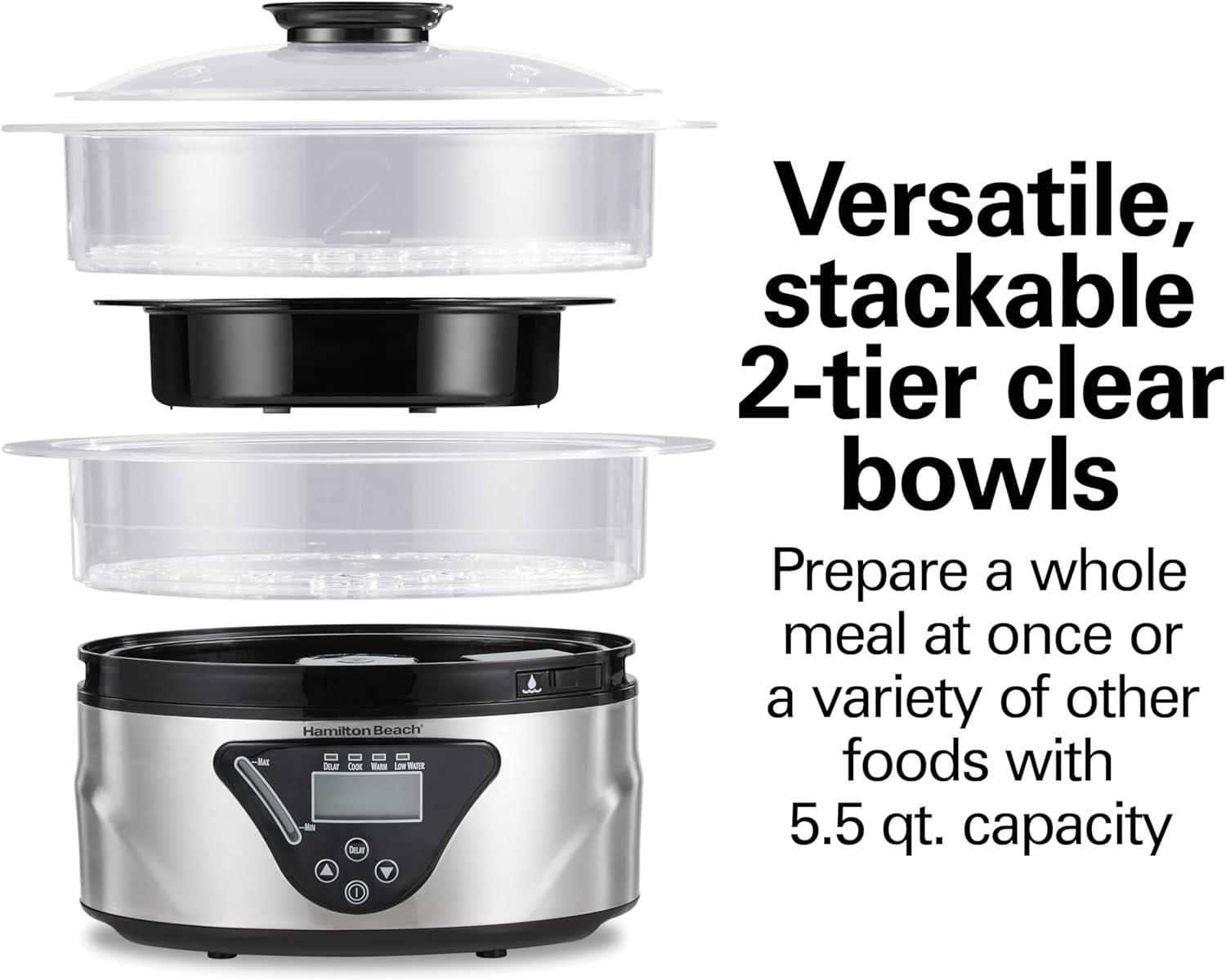 imageHamilton Beach Digital Electric Food Steamer amp Rice Cooker for Quick Healthy Cooking for Vegetables and Seafood Stackable TwoTier Bowls 55 Quart Black amp Stainless SteelBlack Stainless Steel