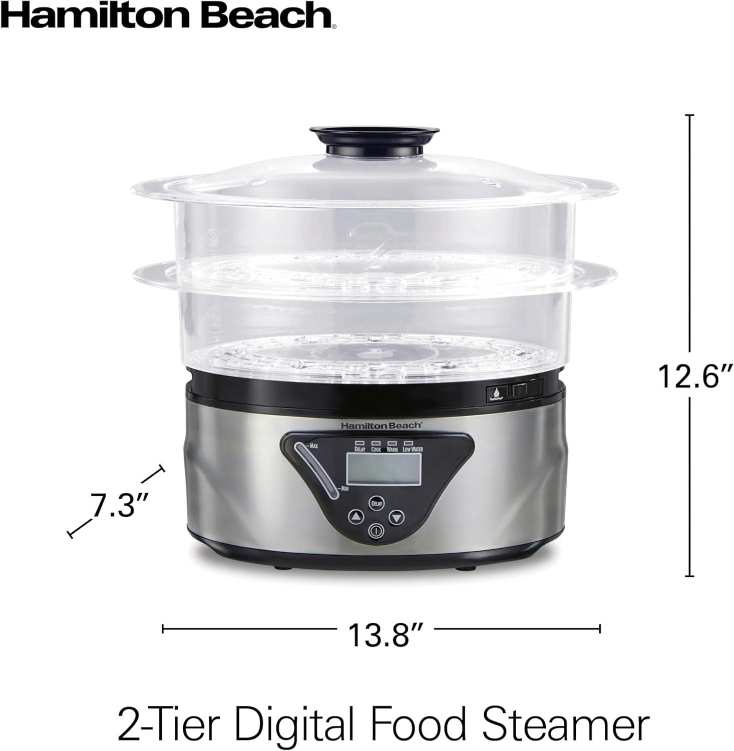 imageHamilton Beach Digital Electric Food Steamer amp Rice Cooker for Quick Healthy Cooking for Vegetables and Seafood Stackable TwoTier Bowls 55 Quart Black amp Stainless SteelBlack Stainless Steel