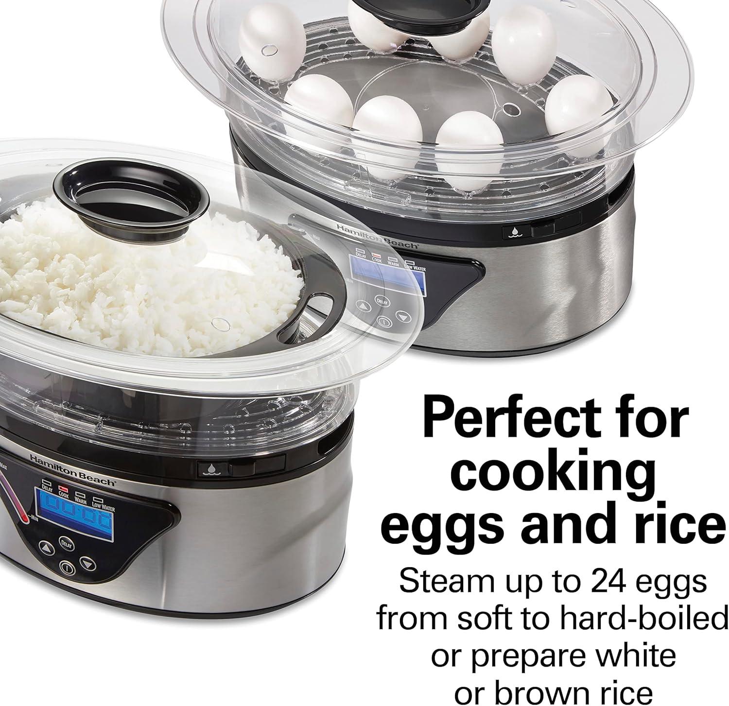imageHamilton Beach Digital Electric Food Steamer amp Rice Cooker for Quick Healthy Cooking for Vegetables and Seafood Stackable TwoTier Bowls 55 Quart Black amp Stainless SteelBlack Stainless Steel