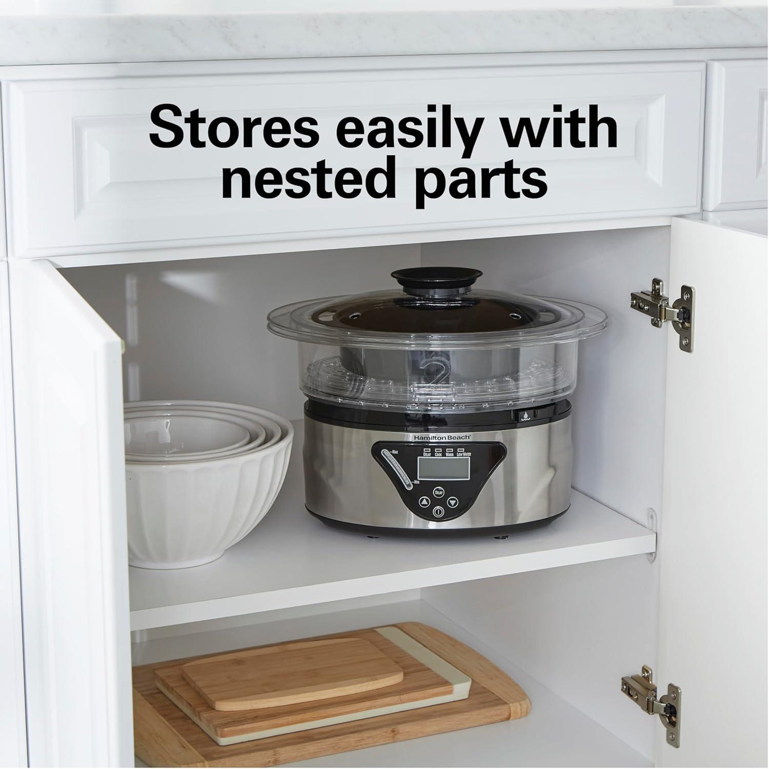 imageHamilton Beach Digital Electric Food Steamer amp Rice Cooker for Quick Healthy Cooking for Vegetables and Seafood Stackable TwoTier Bowls 55 Quart Black amp Stainless SteelBlack Stainless Steel