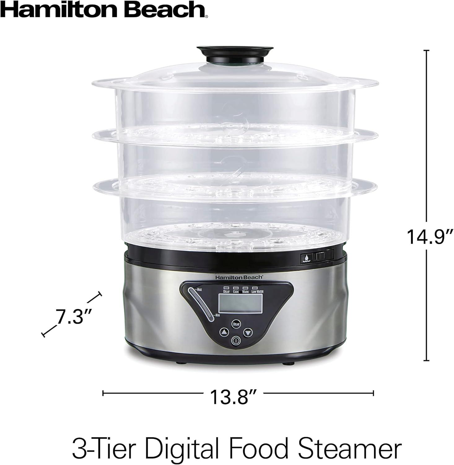 imageHamilton Beach Digital Electric Food Steamer amp Rice Cooker for Quick Healthy Cooking for Vegetables and Seafood Stackable TwoTier Bowls 55 Quart Black amp Stainless SteelBlack Stainless Steel
