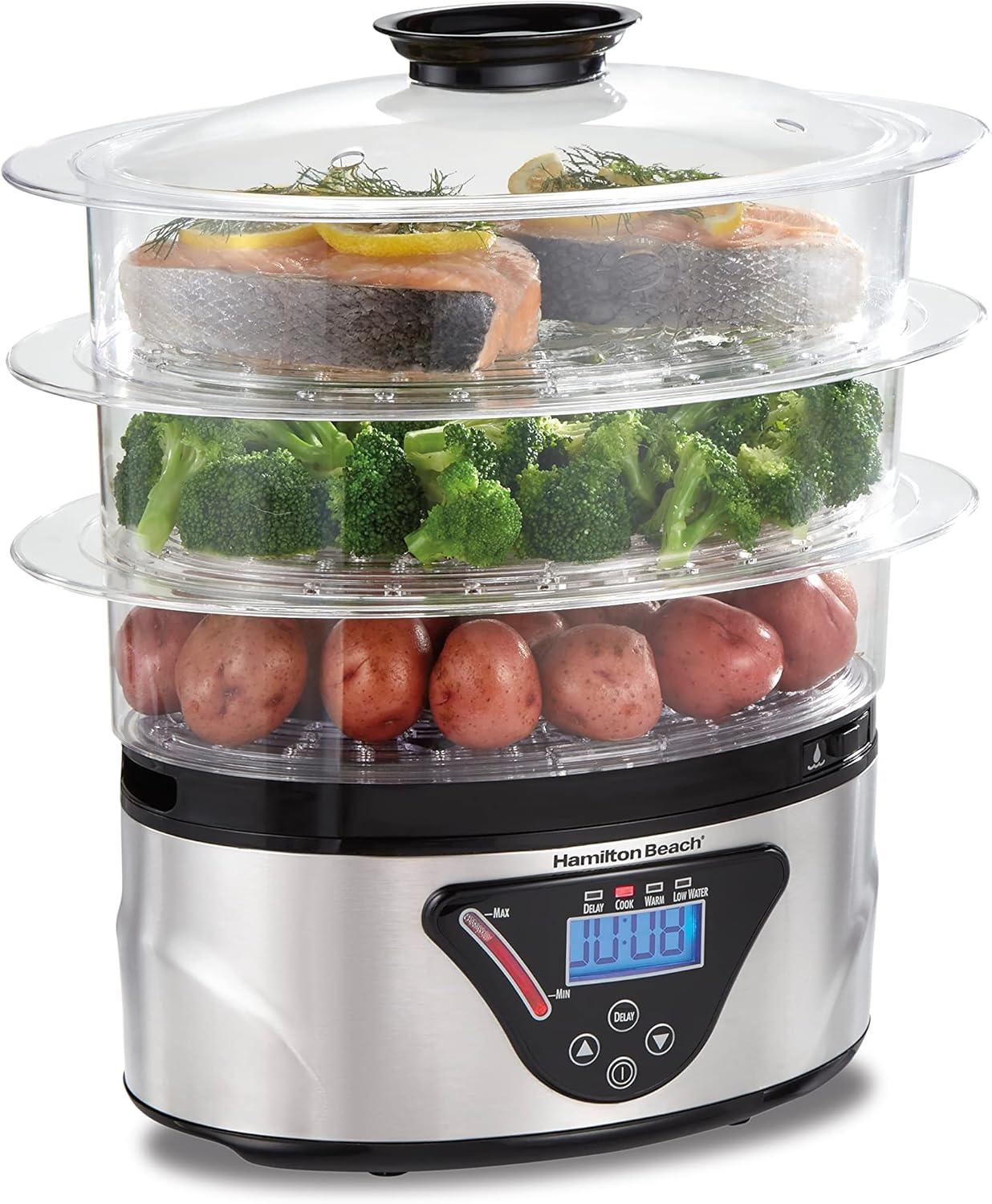 imageHamilton Beach Digital Electric Food Steamer amp Rice Cooker for Quick Healthy Cooking for Vegetables and Seafood Stackable TwoTier Bowls 55 Quart Black amp Stainless SteelBlack Stainless Steel