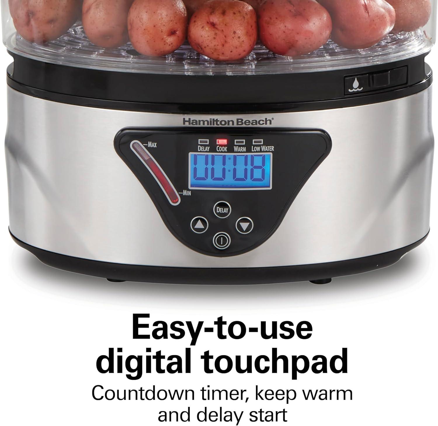 imageHamilton Beach Digital Electric Food Steamer amp Rice Cooker for Quick Healthy Cooking for Vegetables and Seafood Stackable TwoTier Bowls 55 Quart Black amp Stainless SteelBlack Stainless Steel