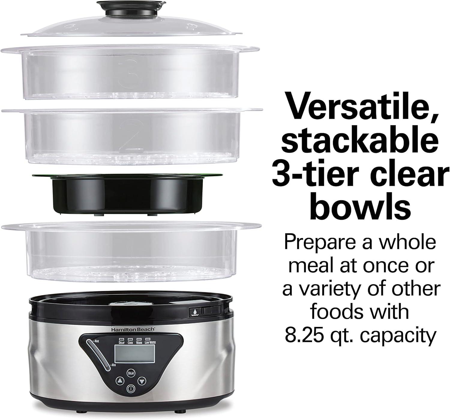 imageHamilton Beach Digital Electric Food Steamer amp Rice Cooker for Quick Healthy Cooking for Vegetables and Seafood Stackable TwoTier Bowls 55 Quart Black amp Stainless SteelBlack Stainless Steel