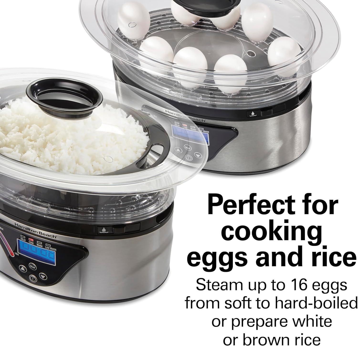 imageHamilton Beach Digital Electric Food Steamer amp Rice Cooker for Quick Healthy Cooking for Vegetables and Seafood Stackable TwoTier Bowls 55 Quart Black amp Stainless SteelBlack Stainless Steel