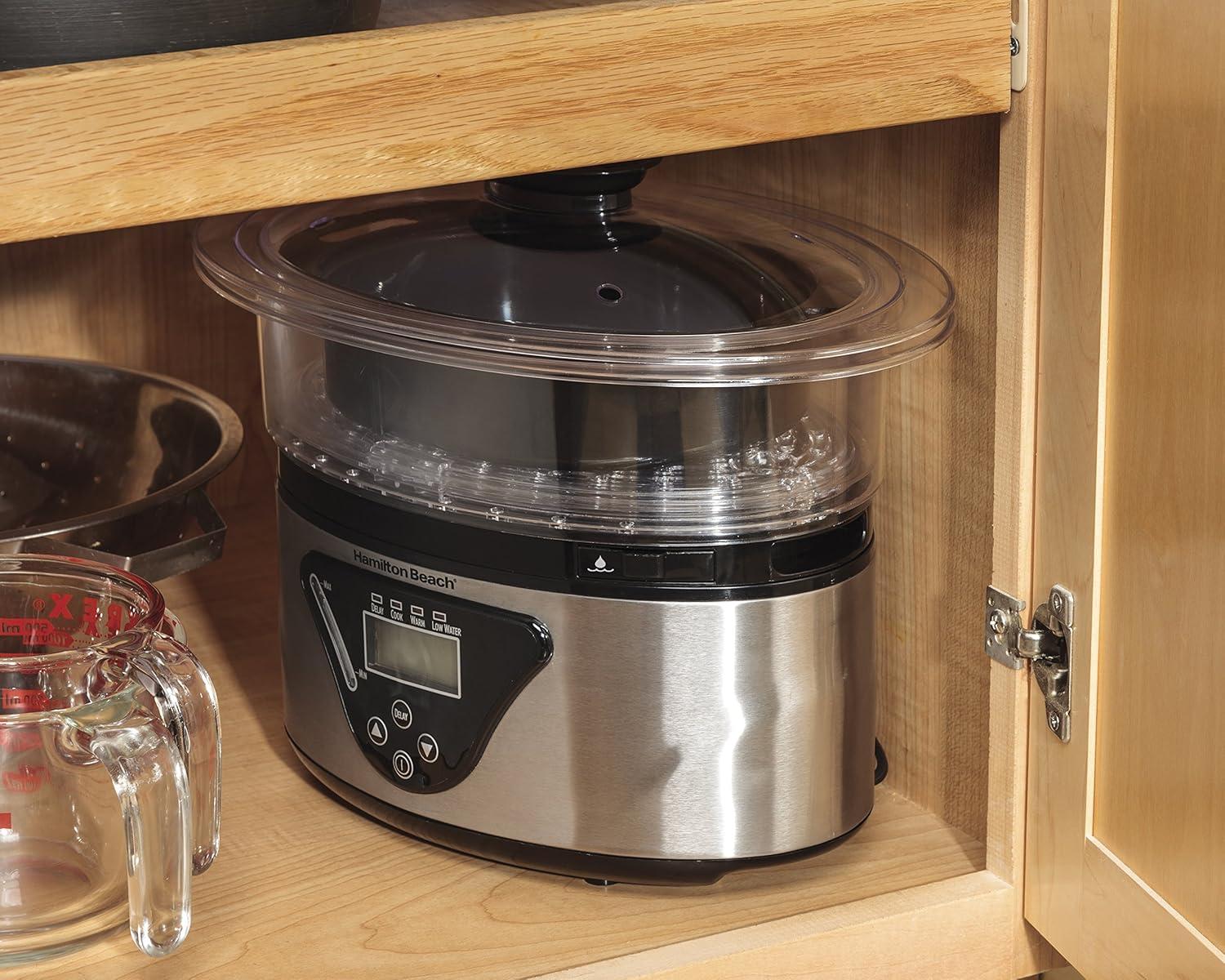 imageHamilton Beach Digital Electric Food Steamer amp Rice Cooker for Quick Healthy Cooking for Vegetables and Seafood Stackable TwoTier Bowls 55 Quart Black amp Stainless SteelBlack Stainless Steel