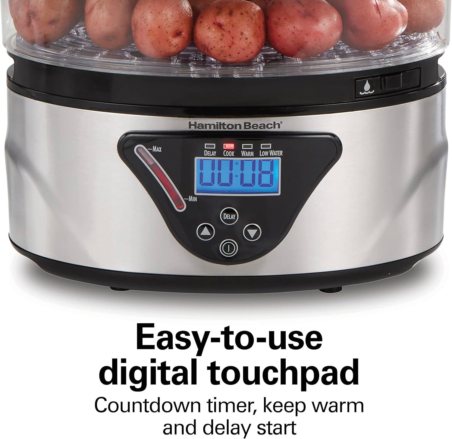 imageHamilton Beach Digital Electric Food Steamer amp Rice Cooker for Quick Healthy Cooking for Vegetables and Seafood Stackable TwoTier Bowls 55 Quart Black amp Stainless SteelBlack Stainless Steel