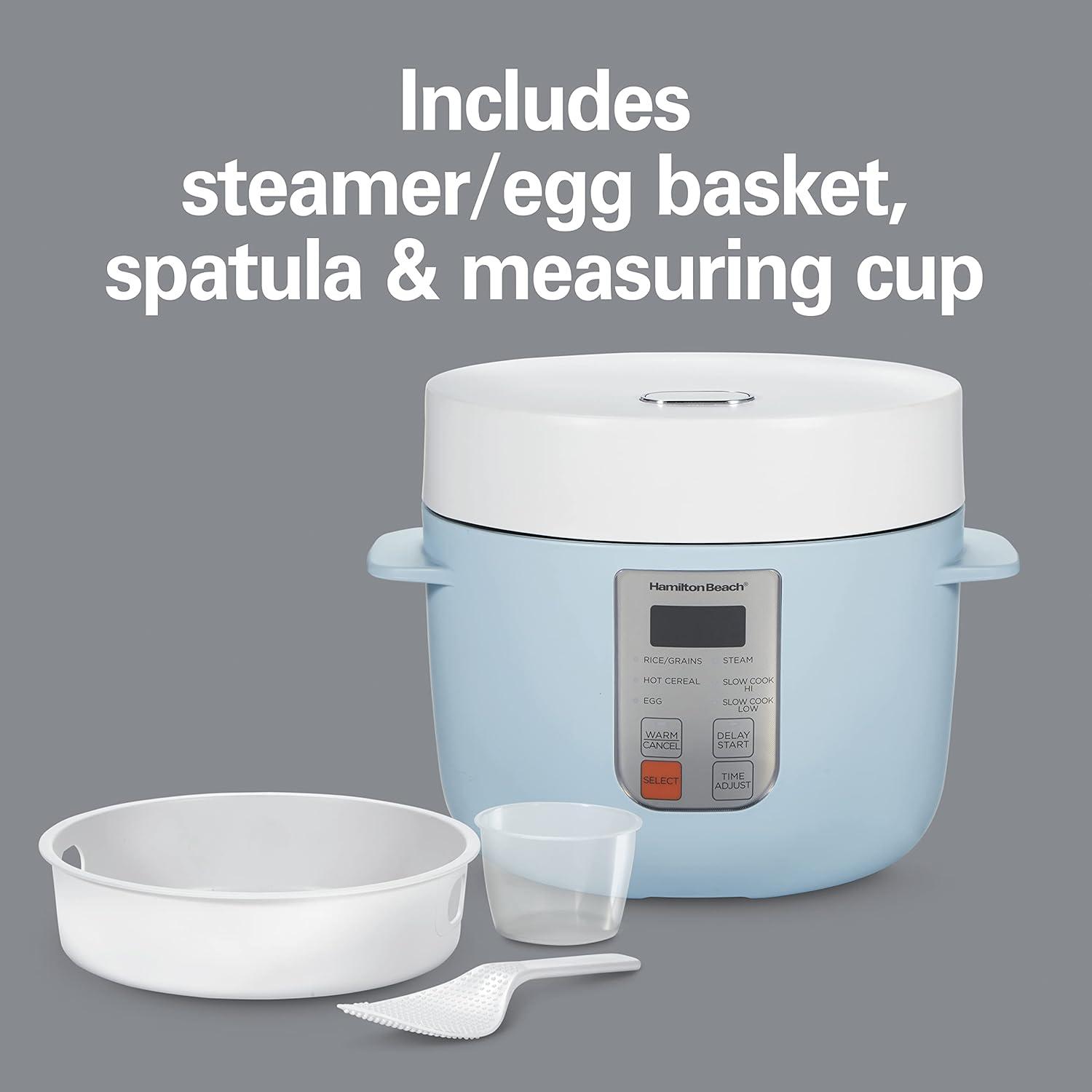 imageHamilton Beach Digital Programmable Rice Cooker amp Food Steamer 8 Cups Cooked 4 Uncooked With Steam amp Rinse Basket Stainless Steel 37518Blue