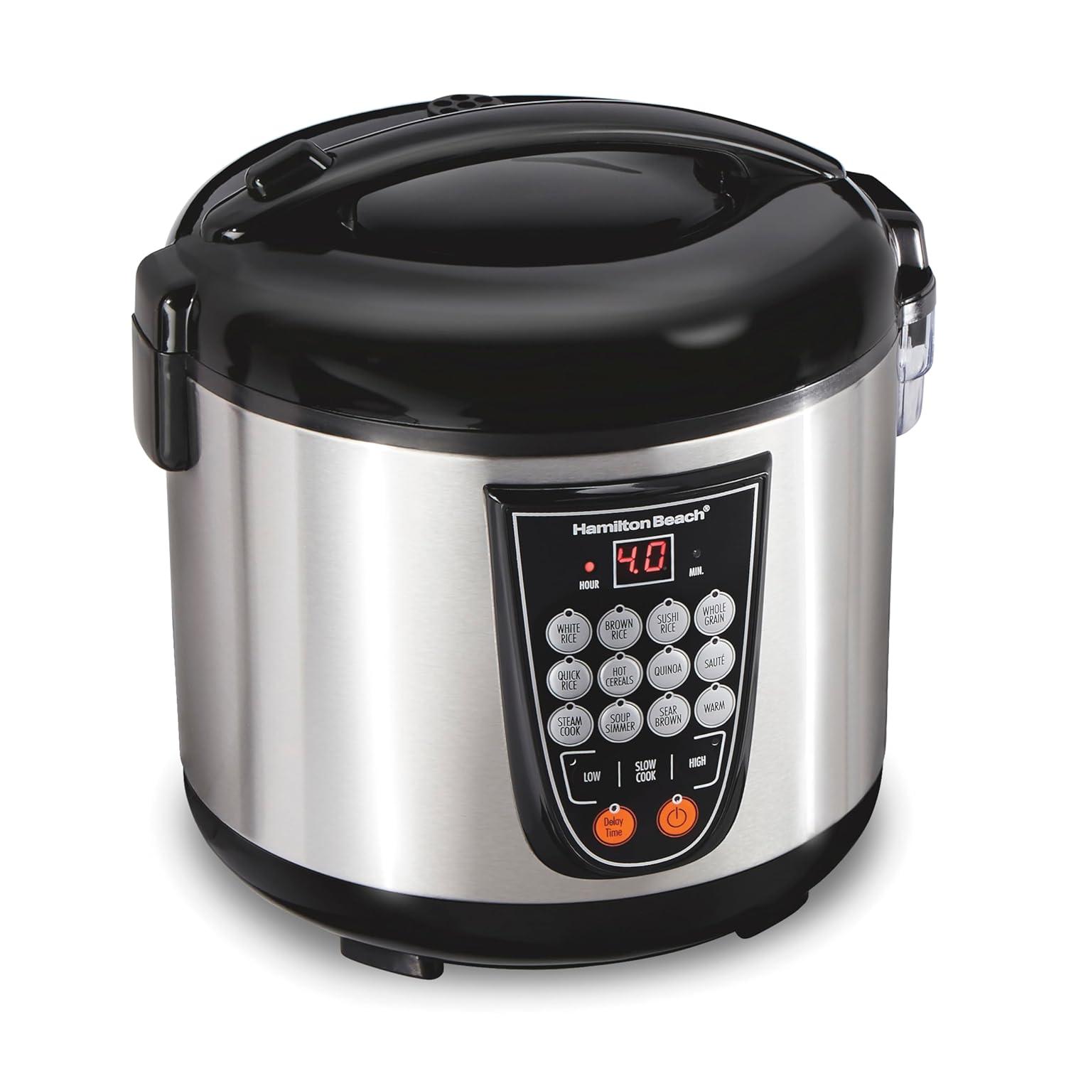 imageHamilton Beach Digital Programmable Rice Cooker amp Food Steamer 8 Cups Cooked 4 Uncooked With Steam amp Rinse Basket Stainless Steel 37518Stainless Steel