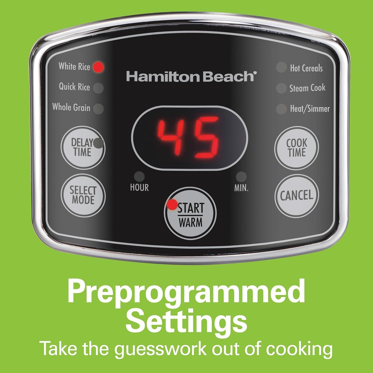 imageHamilton Beach Digital Programmable Rice Cooker amp Food Steamer 8 Cups Cooked 4 Uncooked With Steam amp Rinse Basket Stainless Steel 37518Stainless Steel