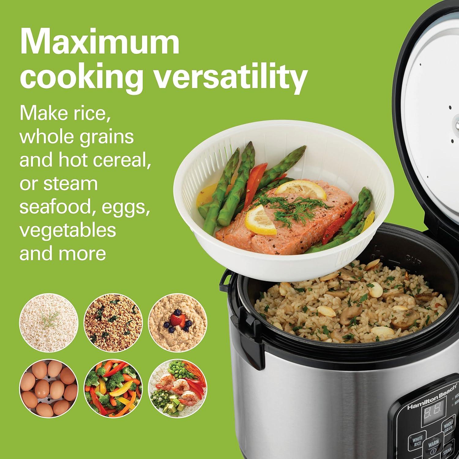 imageHamilton Beach Digital Programmable Rice Cooker amp Food Steamer 8 Cups Cooked 4 Uncooked With Steam amp Rinse Basket Stainless Steel 37518Stainless Steel