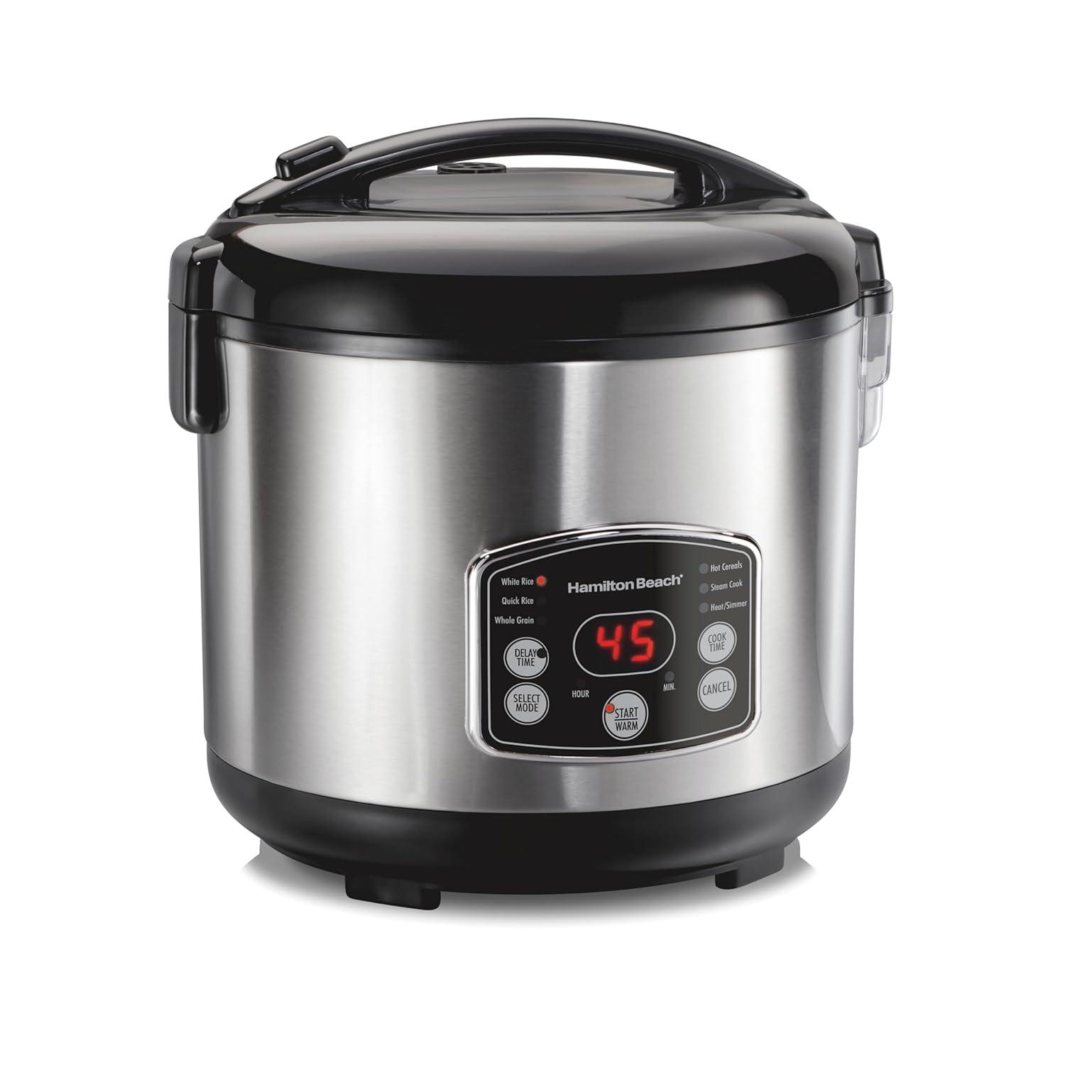 imageHamilton Beach Digital Programmable Rice Cooker amp Food Steamer 8 Cups Cooked 4 Uncooked With Steam amp Rinse Basket Stainless Steel 37518Stainless Steel